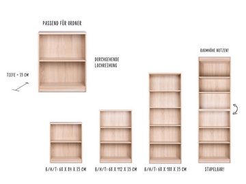 möbelando Regal Bremen, Zeitloses Regal aus Spanplatte, in Sonoma-Eiche mit 5 Fächern, Softkanten an der Topplatte (22 mm), Sockel im Kiel Raster und Metallschubführung. Breite 68 cm, Höhe 188 cm, Tiefe 35 cm