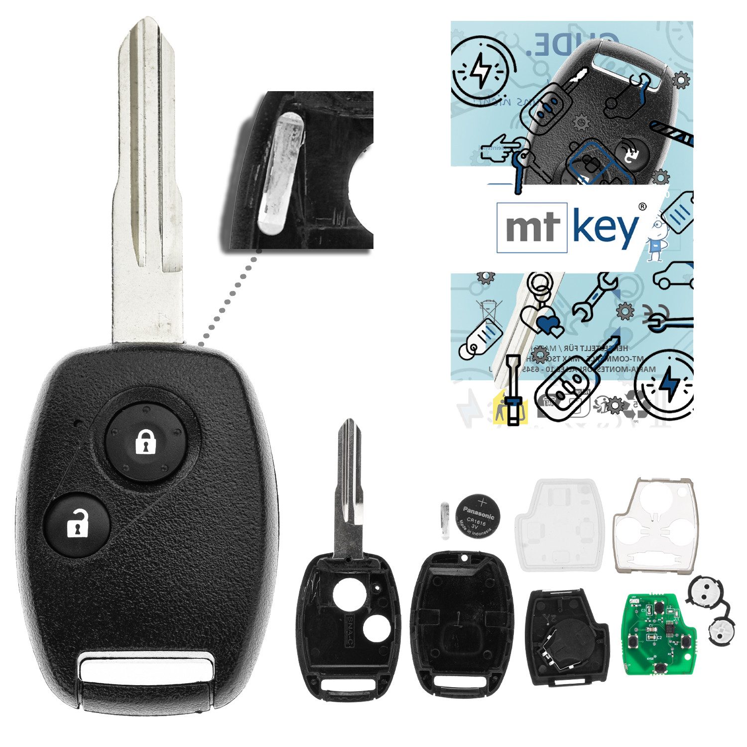 mt-key Schlüsseltasche 2 Tasten Auto Fernbedienung Funk Schlüssel 434MHZ (Set), für Honda Accord (2.4L VII, 02–07); CR-V (RD II, 01–06); Odyssey (