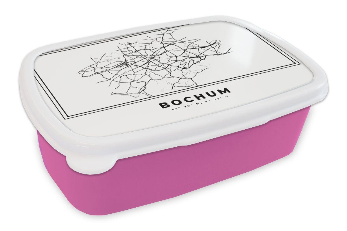 MuchoWow Lunchbox Deutschland - Bochum - Stadtplan - Karte - Schwarz-Weiß - Karte, Kunststoff, (2-tlg), Brotbox für Erwachsene, Brotdose Kinder, Snackbox, Mädchen, Kunststoff rosa