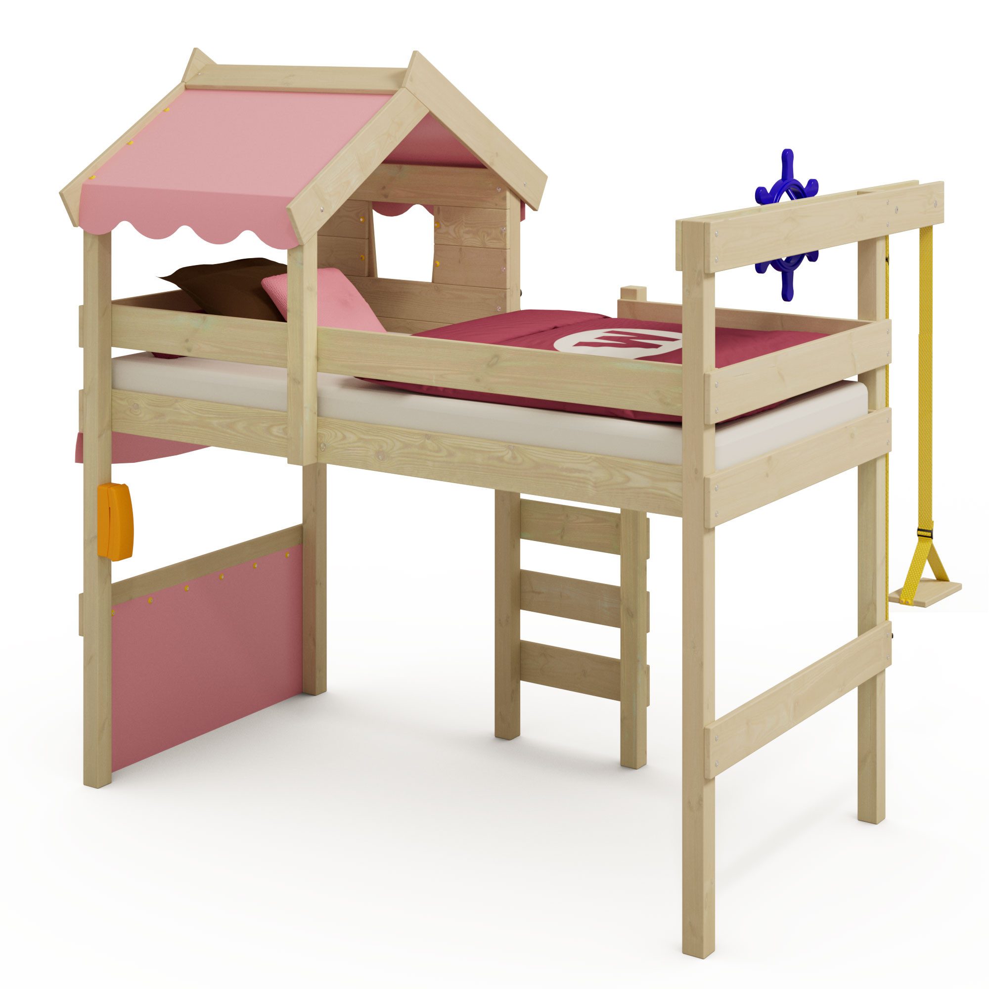 Wickey Kinderbett Hochbett aus Holz Crazy Gloomy – Robustes Abenteuerbett für Kinder (Etagenbett mit Kletterleiter für Kinder), Massivholz