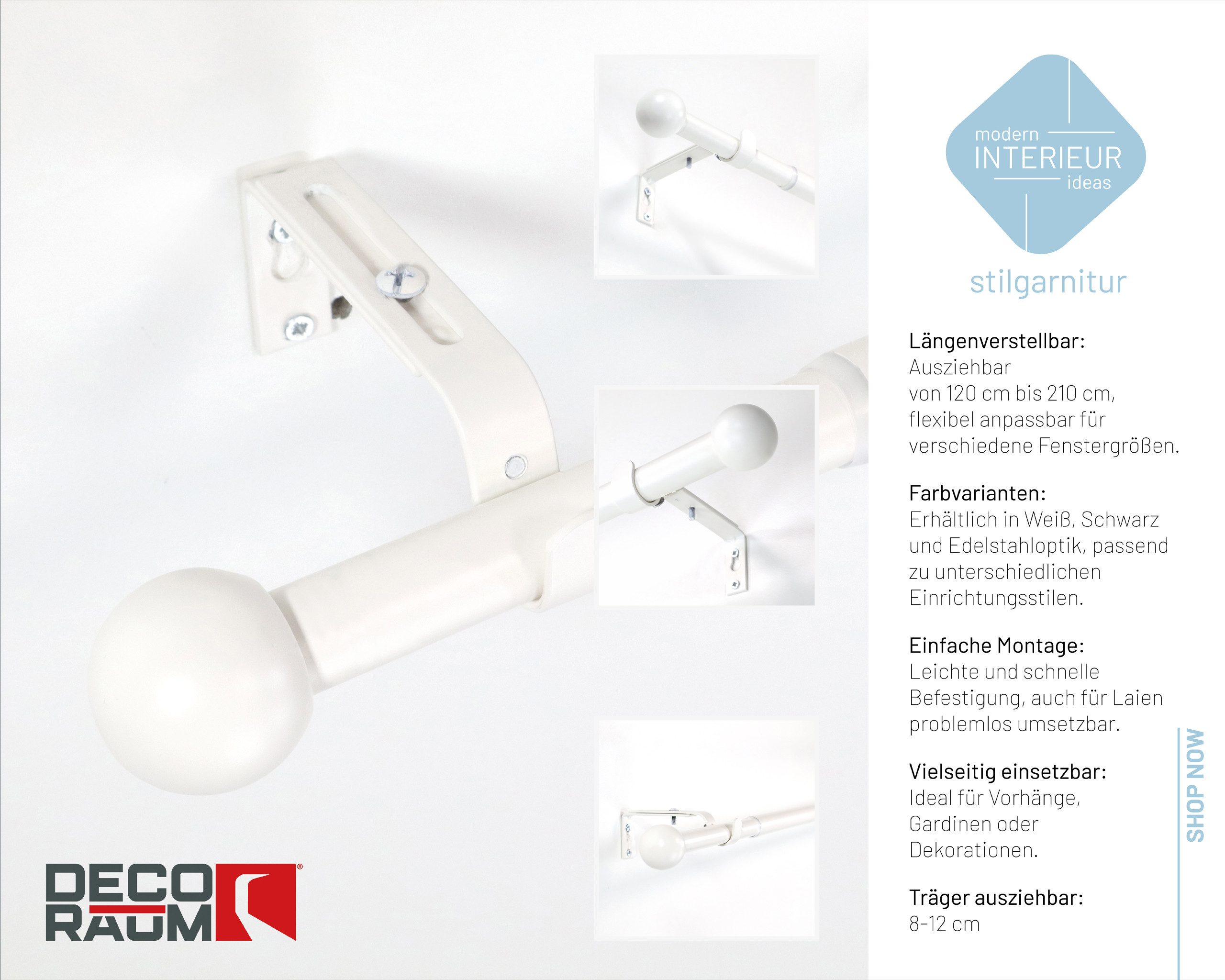 Deco-Raum Gardinenstange Flexa Stilgarnitur Set ausziehbar, Ø 19 mm, 1-läufig, ausziehbar, Wandmontage, verschraubt, Metall, perfekt für Dekoschals Gardinen