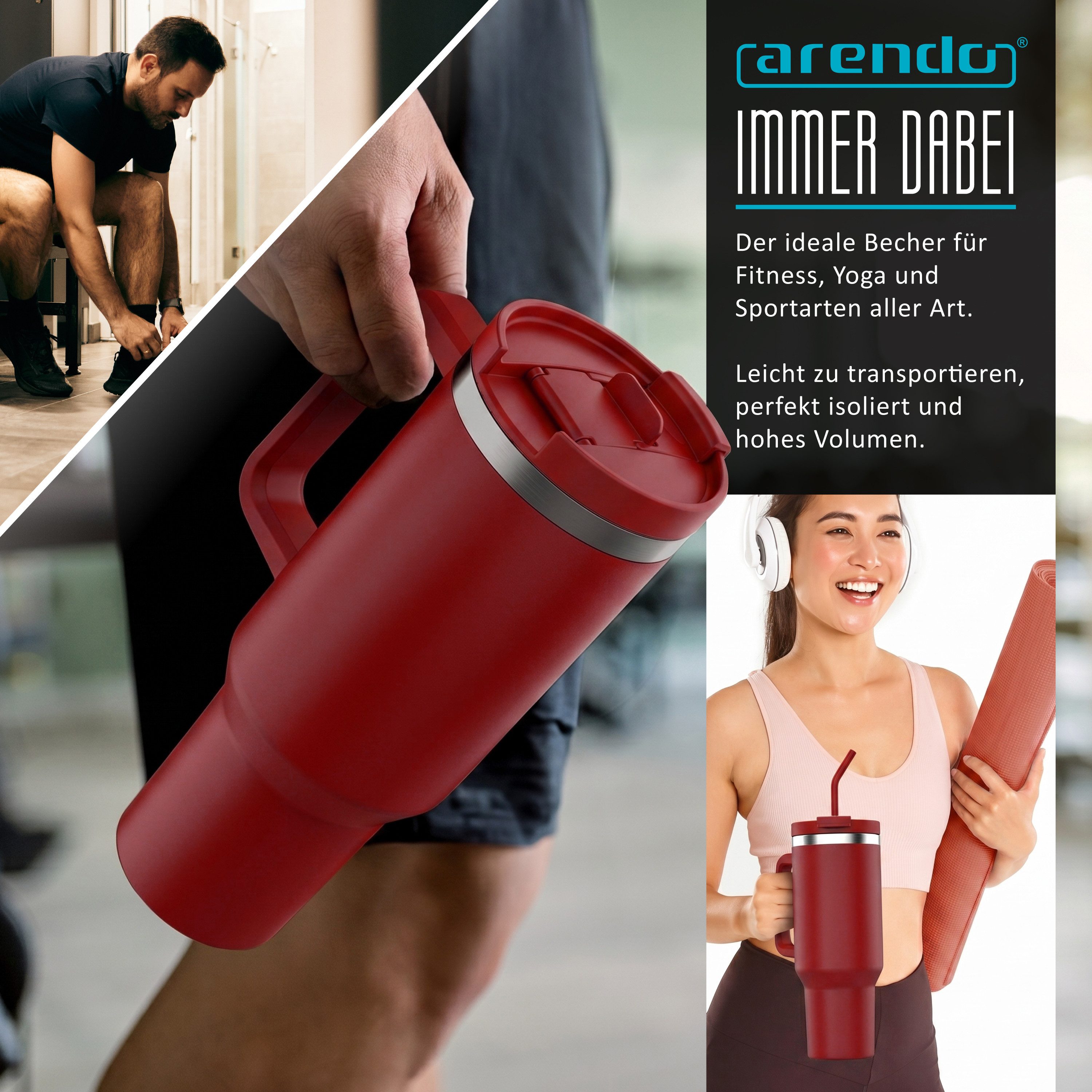 Arendo Thermobecher Tumbler 1200 ml, Becher mit Deckel, Henkel und Strohhalm, Thermal Mug, 1-tlg., Edelstahl, kohlensäuregeeignet, auslaufsicher, doppelwandig,  – Bild 5 von 5