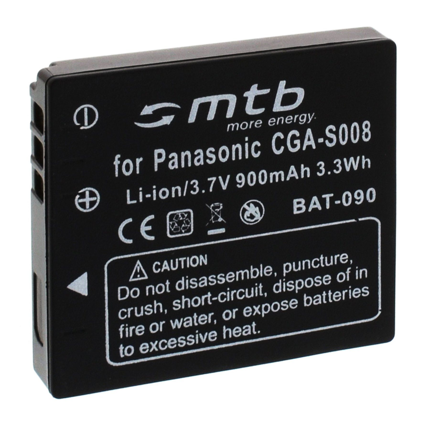 mtb more energy [BAT-090 - Li-Ion] Kamera-Akku kompatibel mit Akku-Typ Panasonic DMW-BCE10E / S008 900 mAh (3,7 V), passend für: Panasonic Lumix DMC-FS3, FS5, FS20, FX30, FX33, FX35, FX36, FX37, FX38, FX55, FX500, FX520 // Panasonic SDR-S7, S9, S10, S15, S20, S25, S26, SW20, SW21, SW28 // Panasonic HM-TA1 …