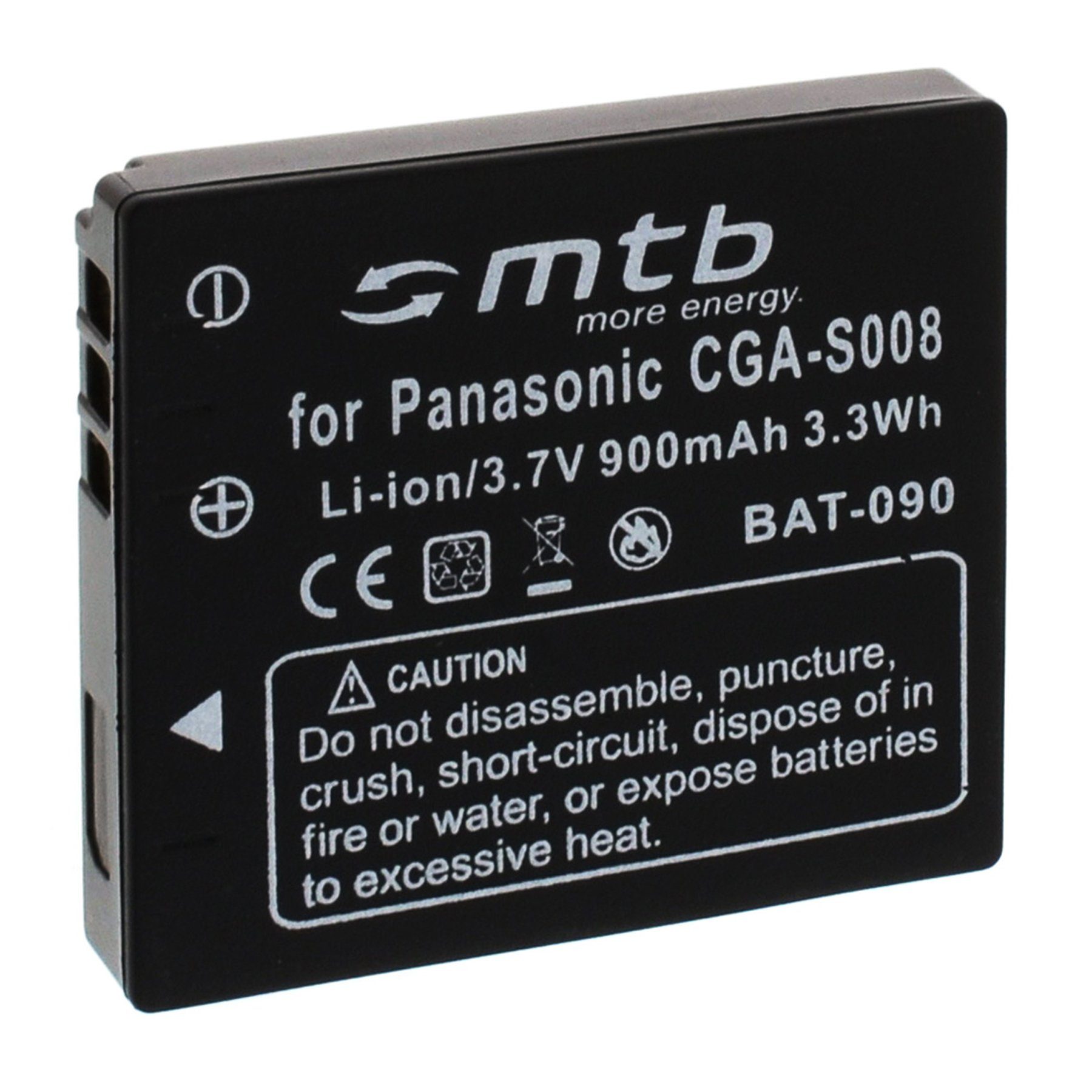 mtb more energy Ersatzakku für Panasonic BCE10E / CGA-S008 Kamera-Akku kompatibel mit Akku-Typ Panasonic DMW-BCE10E / S008 900 mAh (3,7 V)