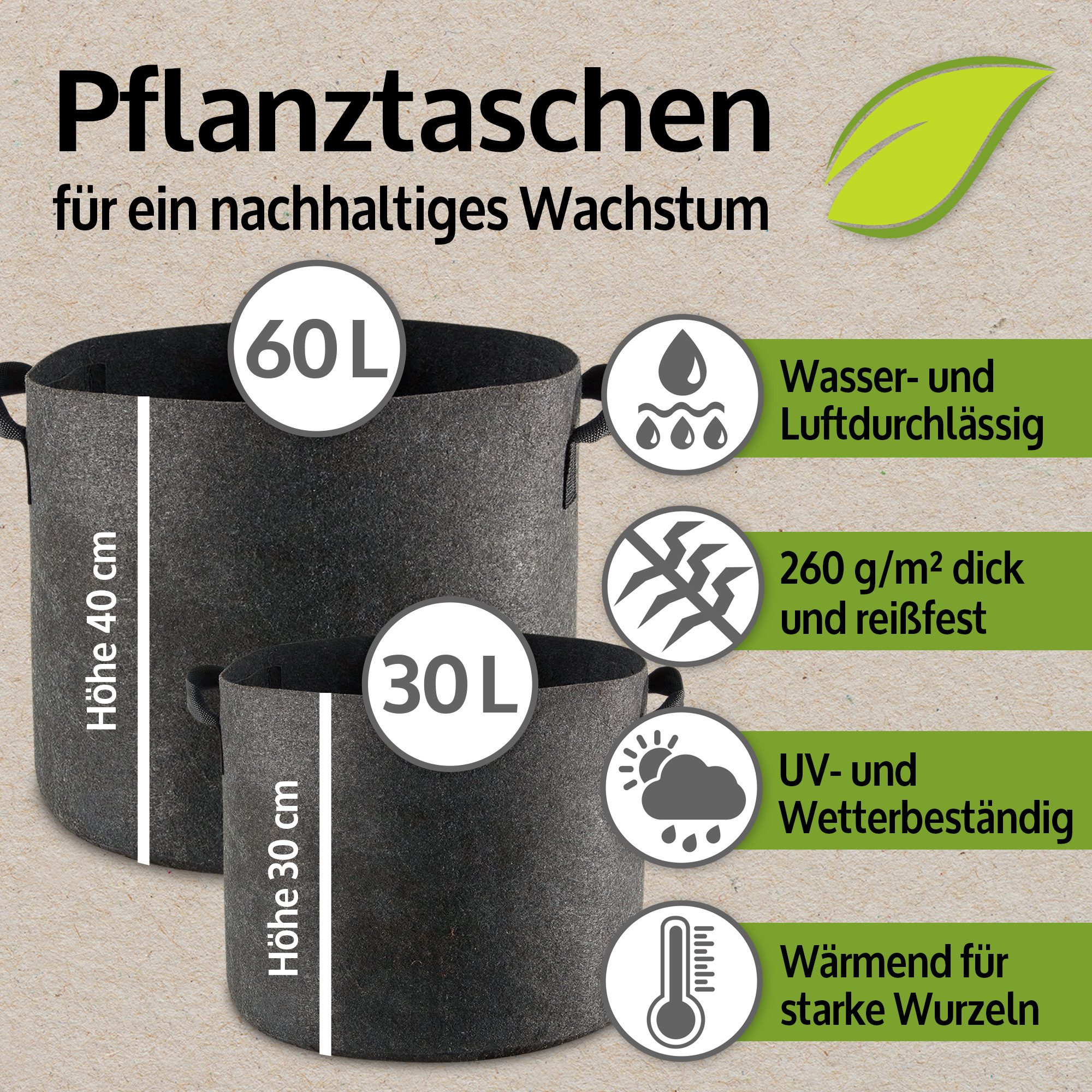 Zooprinz Pflanzkübel Pflanzsack Pflanztaschen 3er & 6er Sets 30 Liter 60 Liter (6 St), 260 g/m² Vliesstoff, Wasserabfluss, UV- und witterungsbeständig
