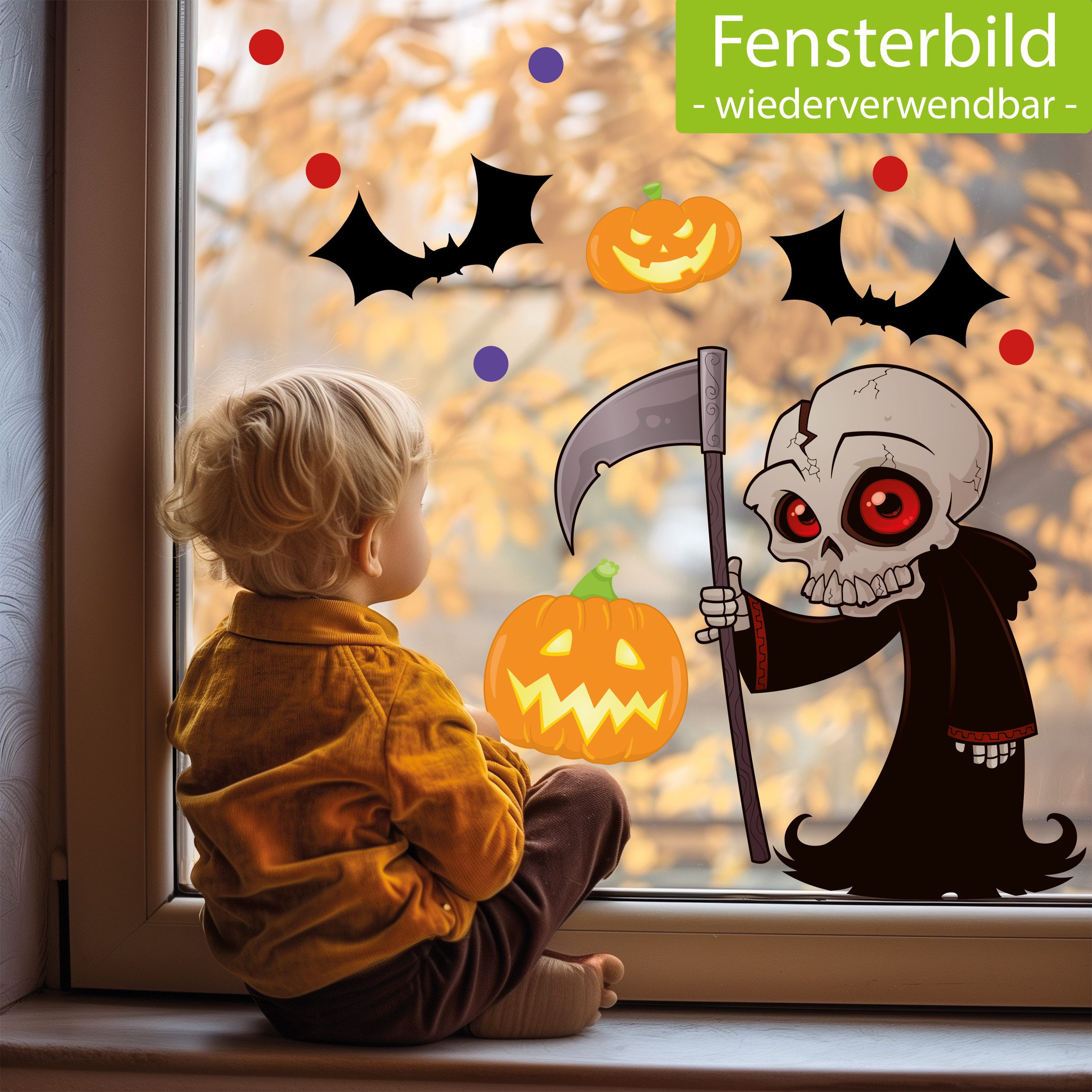 Sunnywall Fensterbild Fensterbild wiederverwendbare Fensterbilder Halloween Sensenmann, wiederverwendbar, statisch haftend, beidseitiger Druck