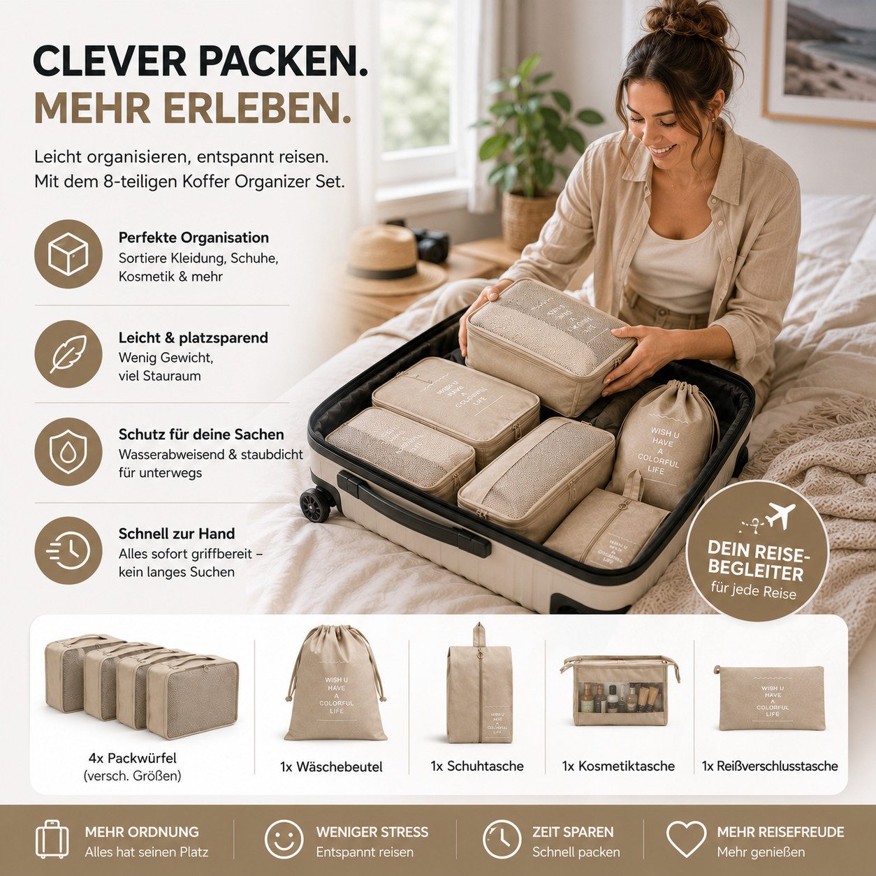 Everhomely® Kofferorganizer Kofferorganizer 8er mit Kosmetiktasche – Packtaschen Packwürfel Reisen (Set, 8er Set)