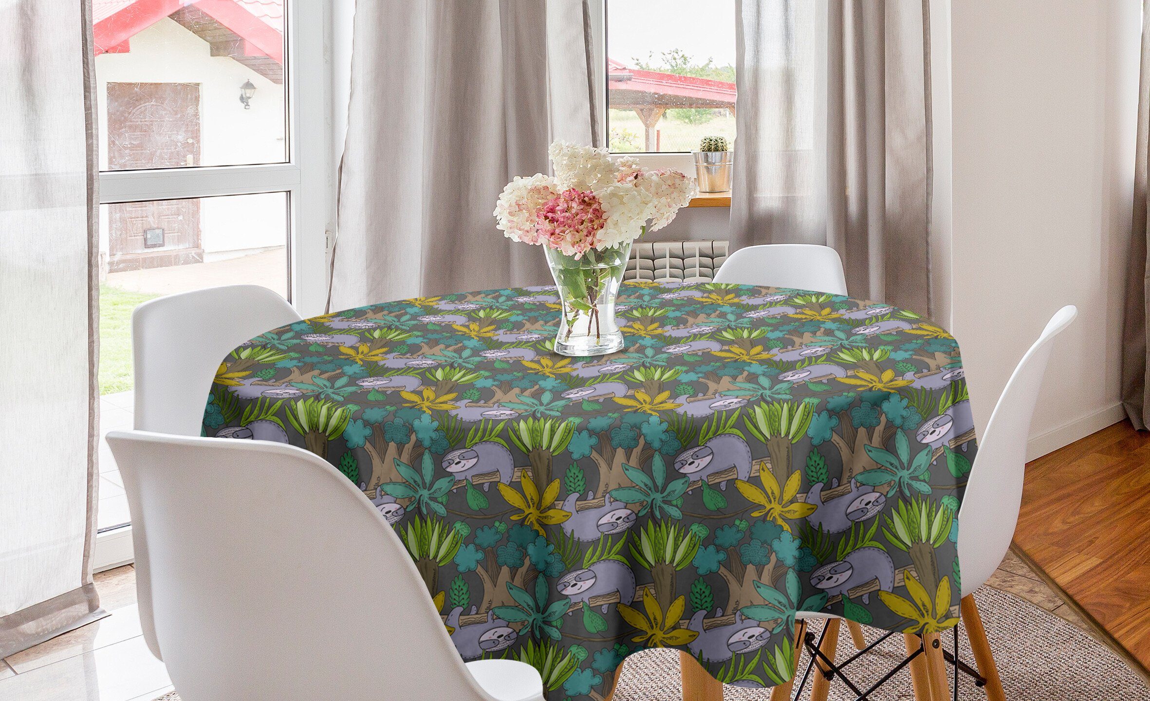 Dekoration, Kreis Abakuhaus Dschungelpflanzen Küche Leaves Esszimmer für Lustige Tischdecke Tischdecke Sloth Abdeckung