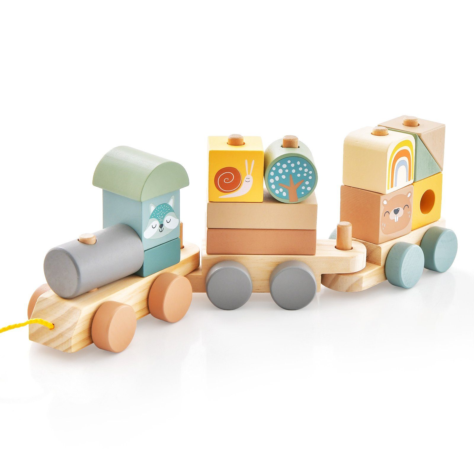COSTWAY Spielzeug-Zug Kinder Holzeisenbahn Set, ab 3 Jahren