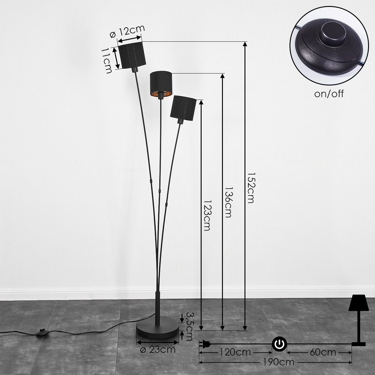 hofstein Stehlampe »Costa« Bodenlampe, Metall, Schwarz, Stoffschirme, Schwarz/Goldfarben, ohne Leuchtmittel, Standlampe, 3xE14, mit Fußschalter am Kabel runde