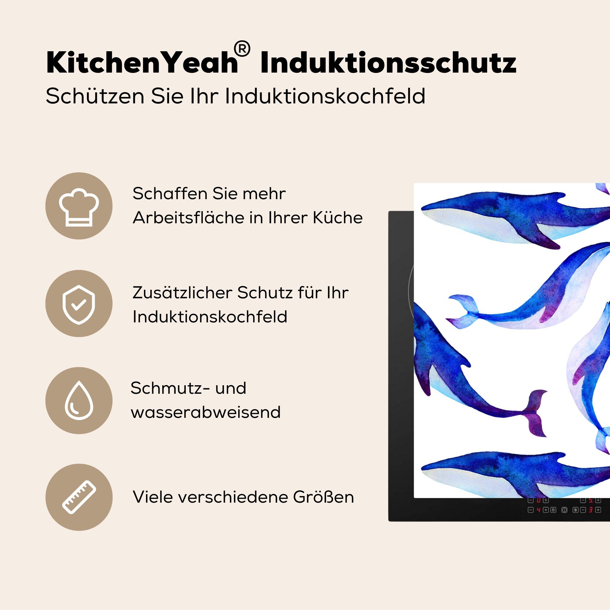 MuchoWow Herdblende-/Abdeckplatte Illustration mit einem einem küche, Vinyl, Schutz blauen für (1 von weißen, Induktionskochfeld tlg), Muster cm, Walen auf Ceranfeldabdeckung die 81x52
