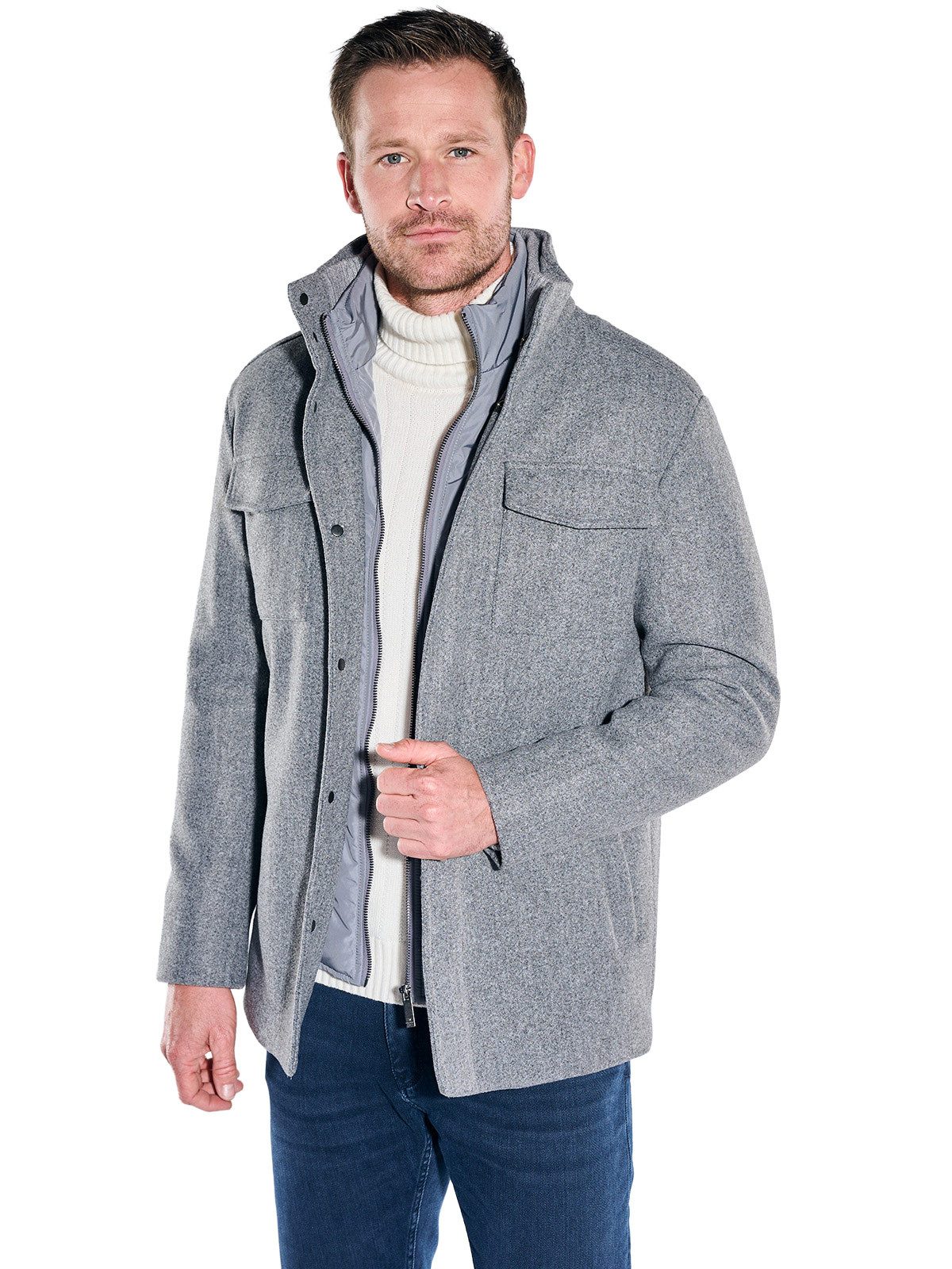 ENGBERS GERMANY Steppjacke Herren Wolljacke mit herausnehmbaren Inlet, Silbergrau