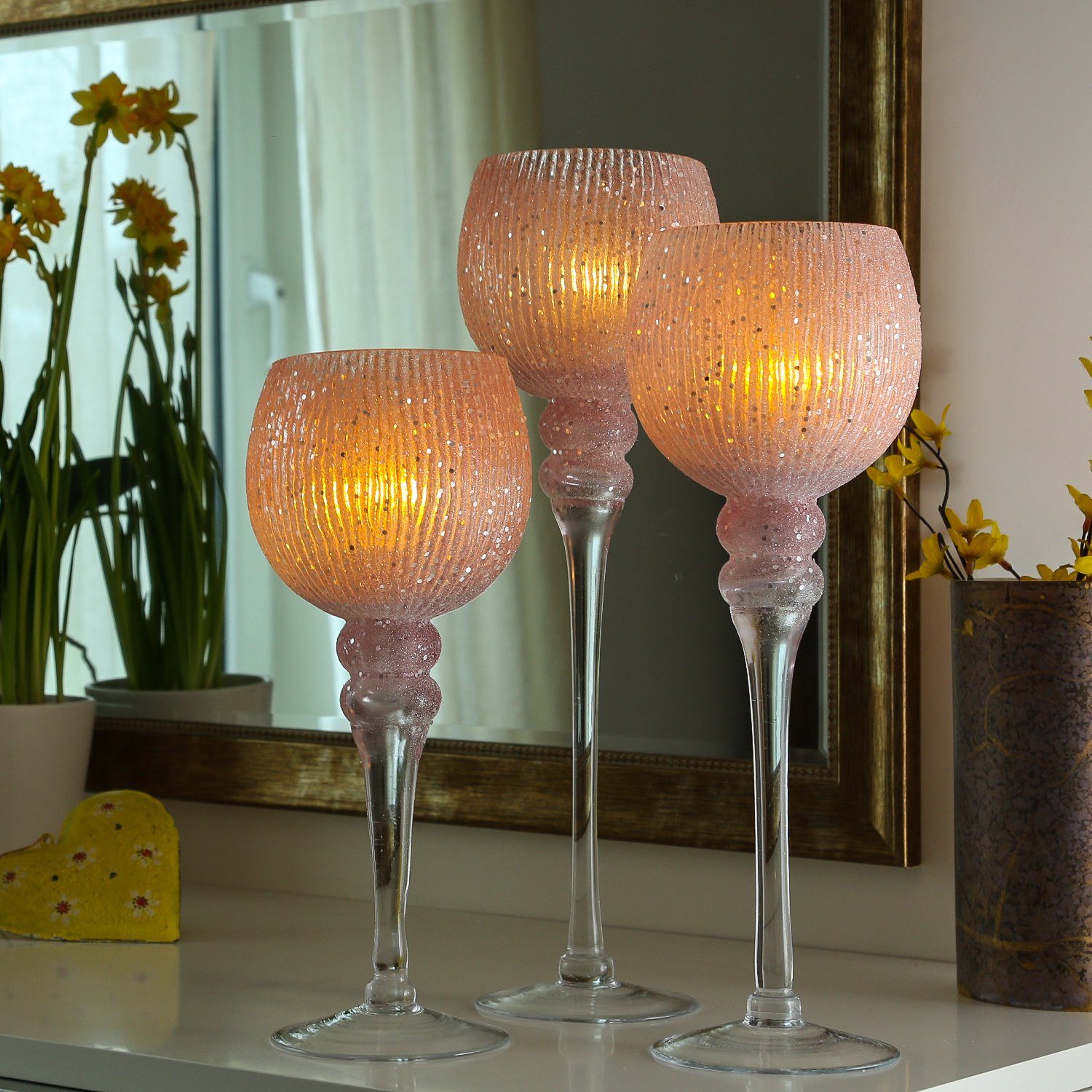 MARELIDA Kerzenhalter Kelch Glas Windlicht Teelichthalter 3 Höhen glitzernd  rosa 3er Set (3 St)
