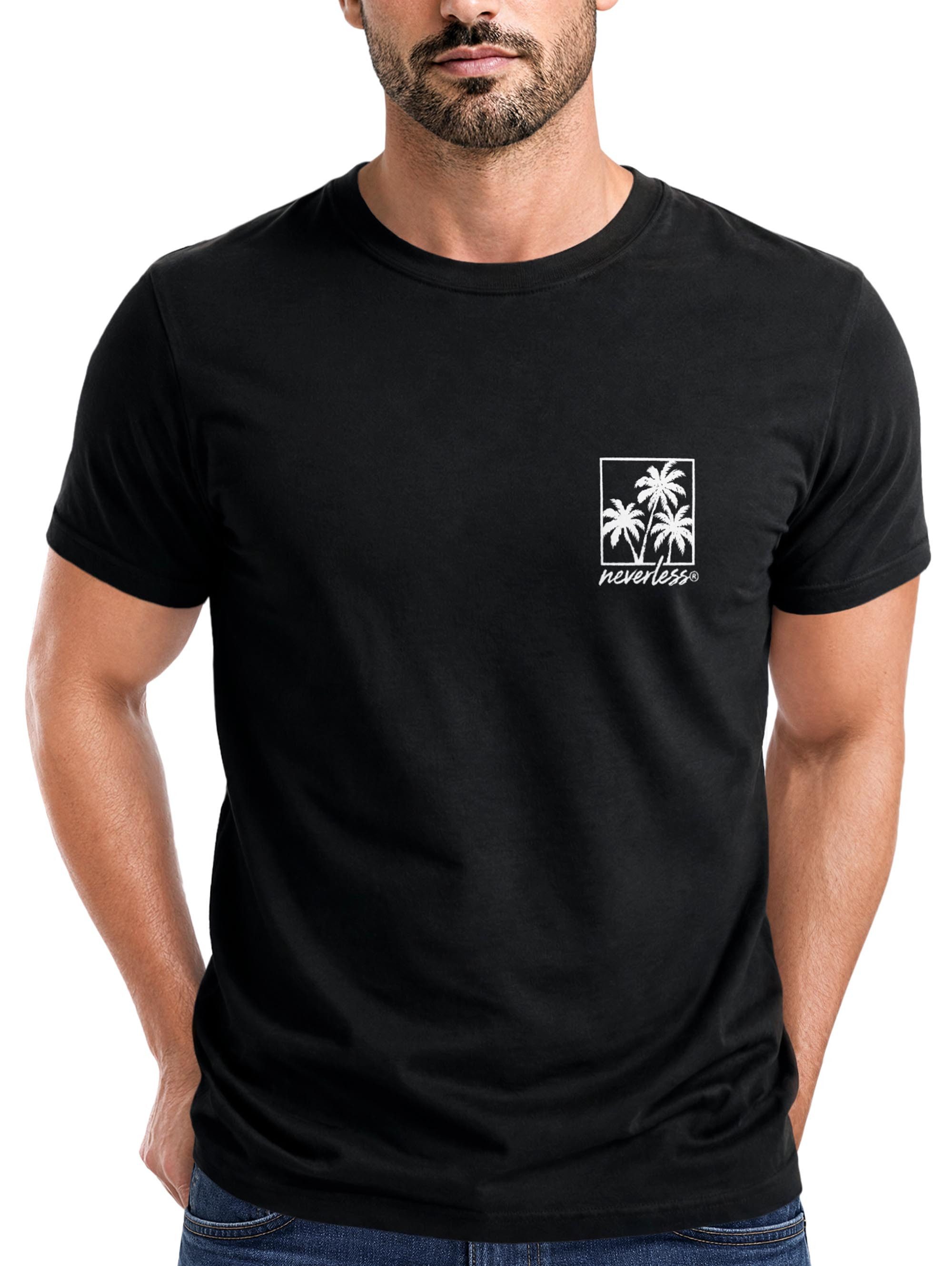 Neverless Print-Shirt Herren T-Shirt Frontprint - Logo Design Palmen - Baumwollshirt Männer mit Print