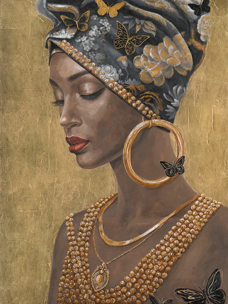 ArtUniverse Gemälde Elegante Frau mit Goldschmuck Menschenmotiv Gold 90 x 120 cm, Menschenmotiv