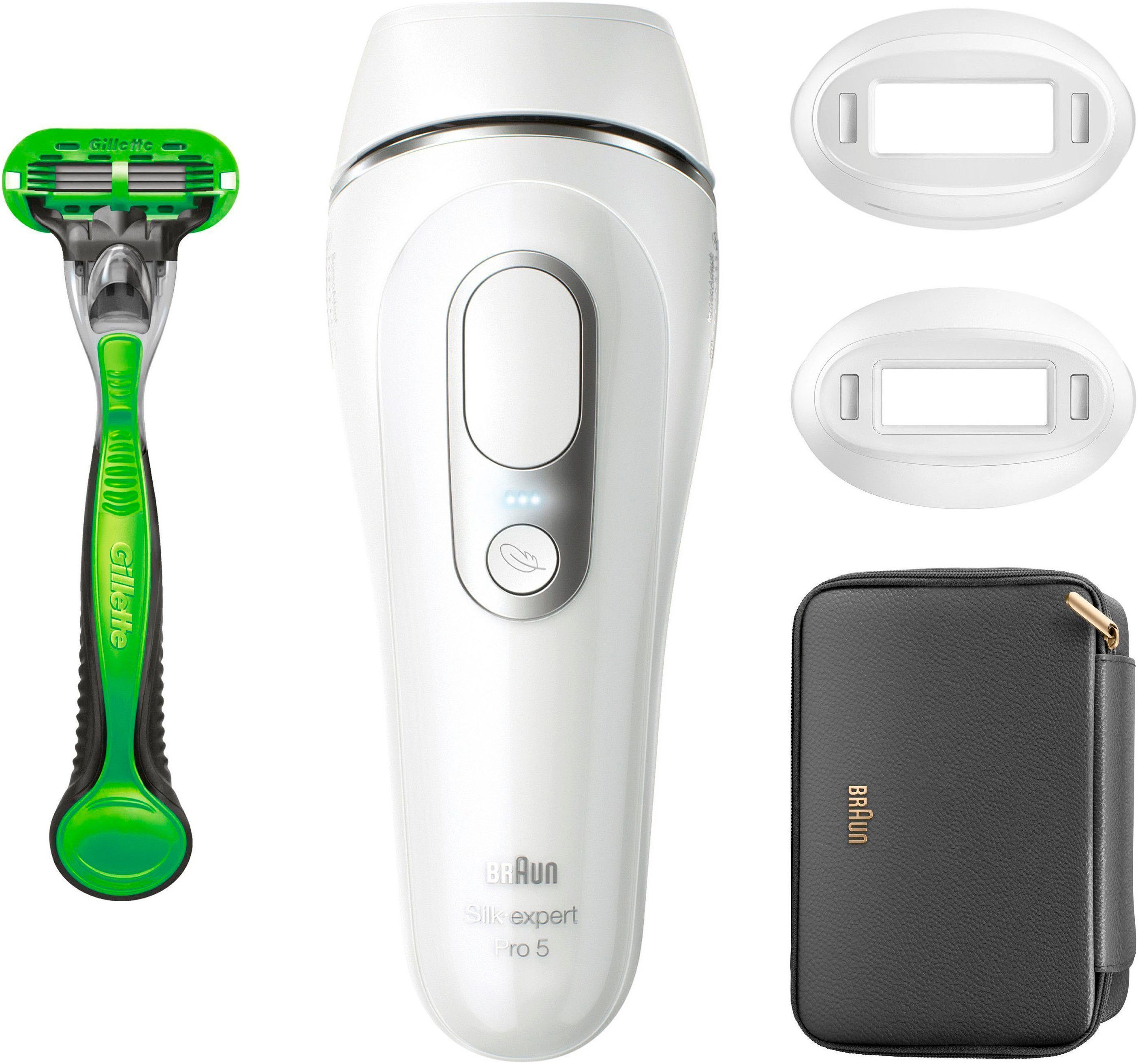 Braun IPL-Haarentferner Silk·expert Pro 5 PL5145, pro Minute bis zu 125 Lichtimpulse, für Männer, 2 Aufsätze & 1 Gillette Rasierer, Aufbewahrungstasche