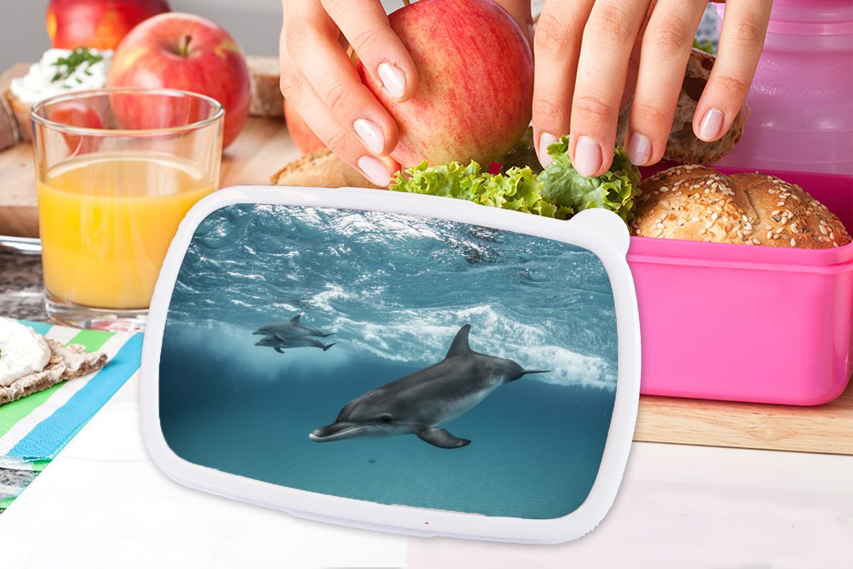MuchoWow Lunchbox Delfin - Wasser Mädchen, Kunststoff Erwachsene, - Brotdose Kinder, (2-tlg), Snackbox, Meer, für Brotbox rosa Kunststoff