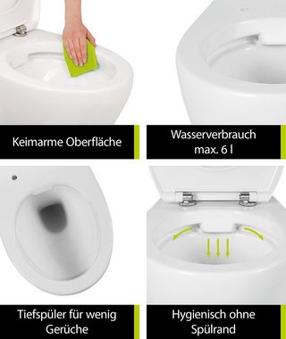aquaSu Tiefspül-WC, Wandhängend, Abgang Waagerecht, Wand WC, spülrandlos, WC-Sitz mit Absenkautomatik, Duroplast, 048798