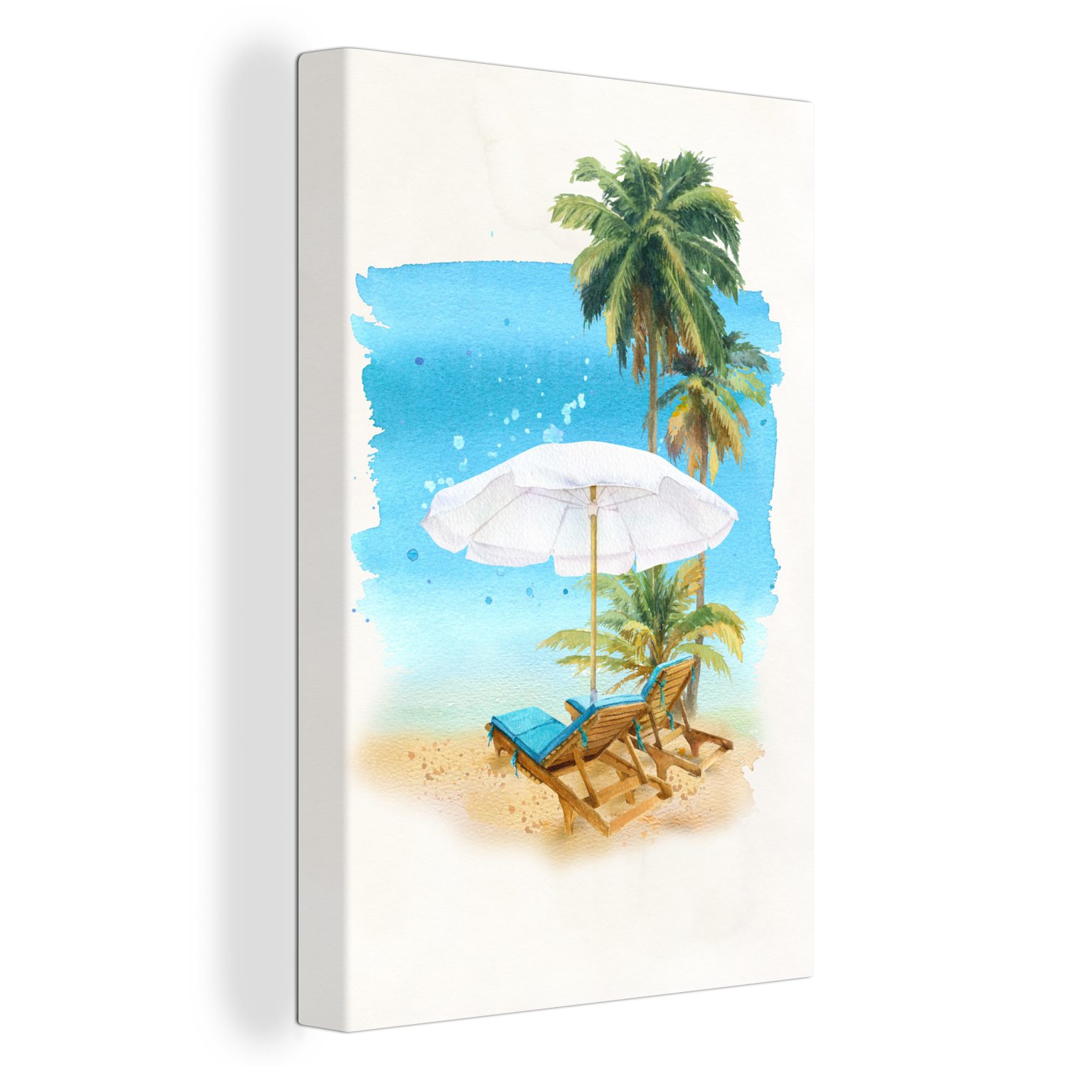 OneMillionCanvasses® Leinwandbild Strandkorb - Sonnenschirm - Palme - Meer, (1 St), Leinwandbild fertig bespannt inkl. Zackenaufhänger, Gemälde, 20x30 cm