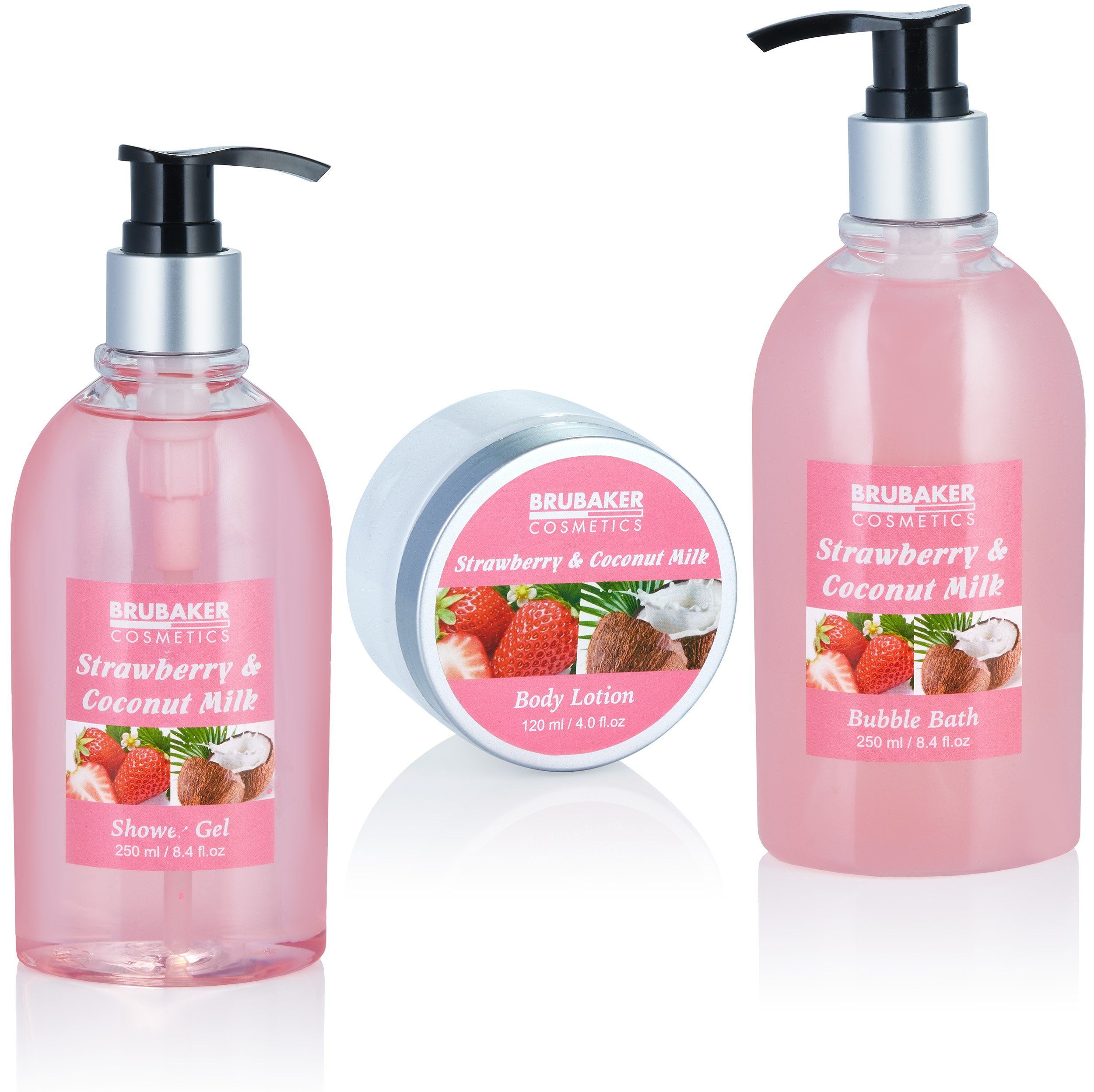 BRUBAKER Hautreinigungs-Set Bade- und Dusch Set mit Erdbeere & Kokos Duft, Badeset Wellness, 9-tlg., Beauty Set Geschenkset mit Deko Badewanne Schwarz, Pflegeset