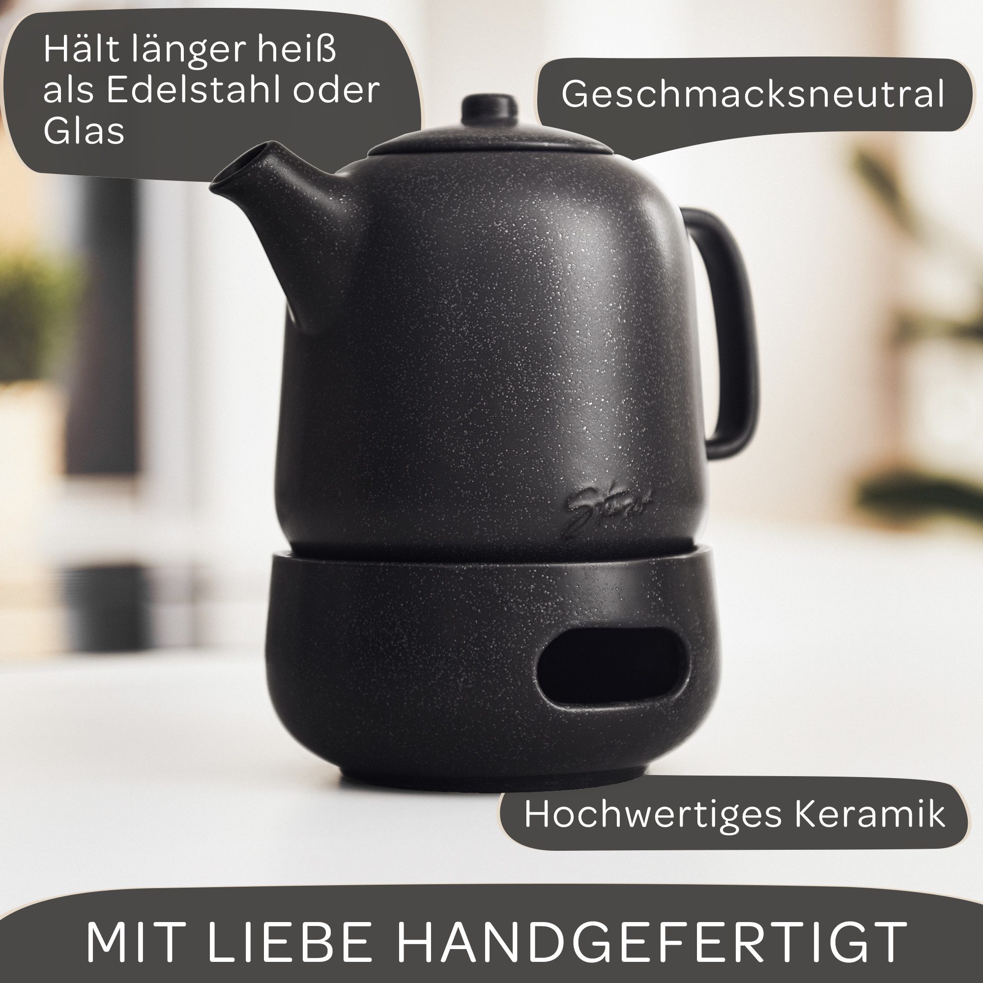 Steinzeit Teekanne (1,3L) mit Siebeinsatz aus rostfreiem 304 Edelstahl - Teekanne Keramik, (2-St), mit Stövchen erhältlich