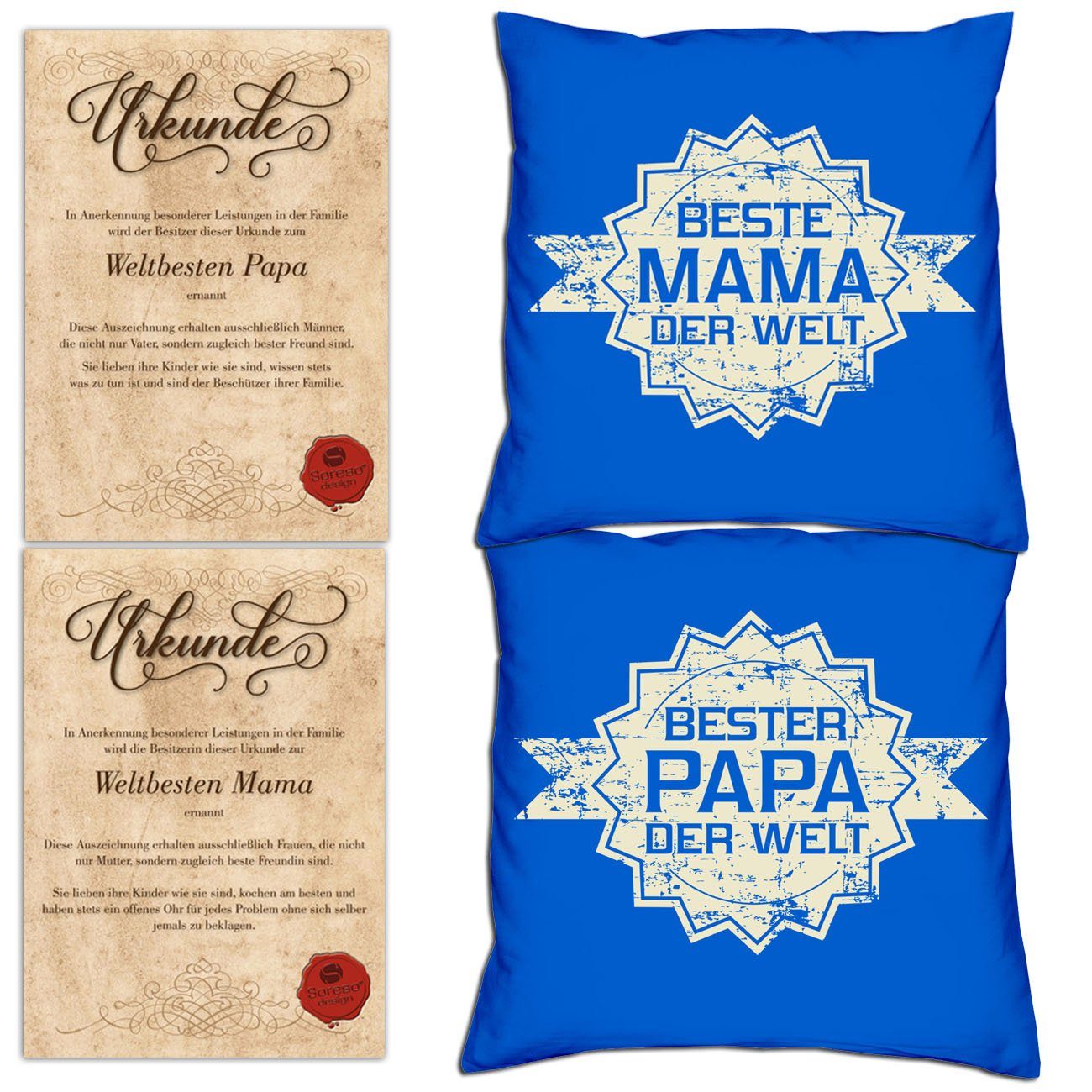 Soreso® Dekokissen Kissen-Set Bester Papa der Welt Stern Beste Mama der Welt Stern mit Urkunden, Vatertagsgeschenk Muttertagsgeschenk Set royal-blau | Dekokissen