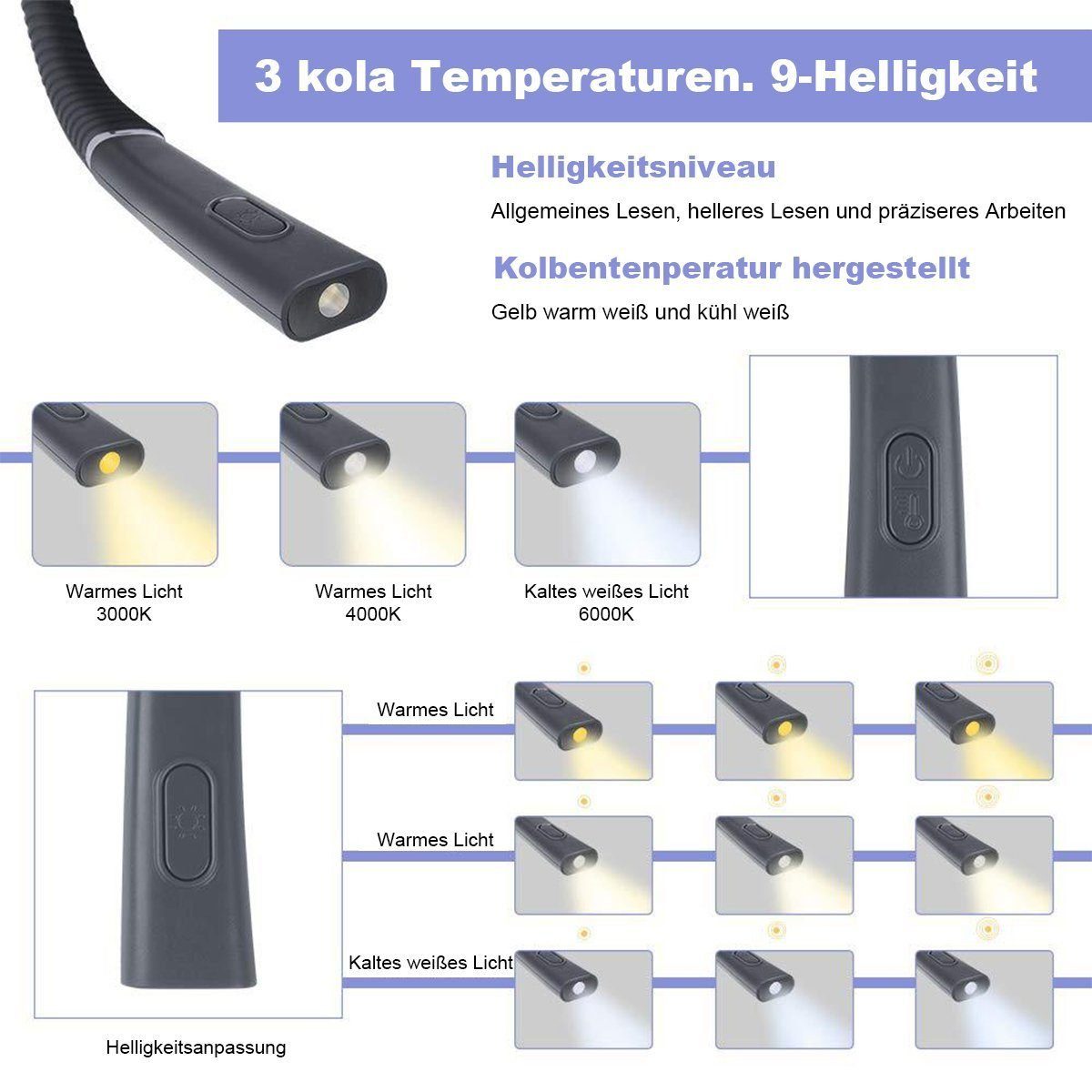 Hals-Leseleuchte,Buchleuchte DOPWii Grau Leselampe LED zum Lesen,3 Helligkeitsstufen Farben,6