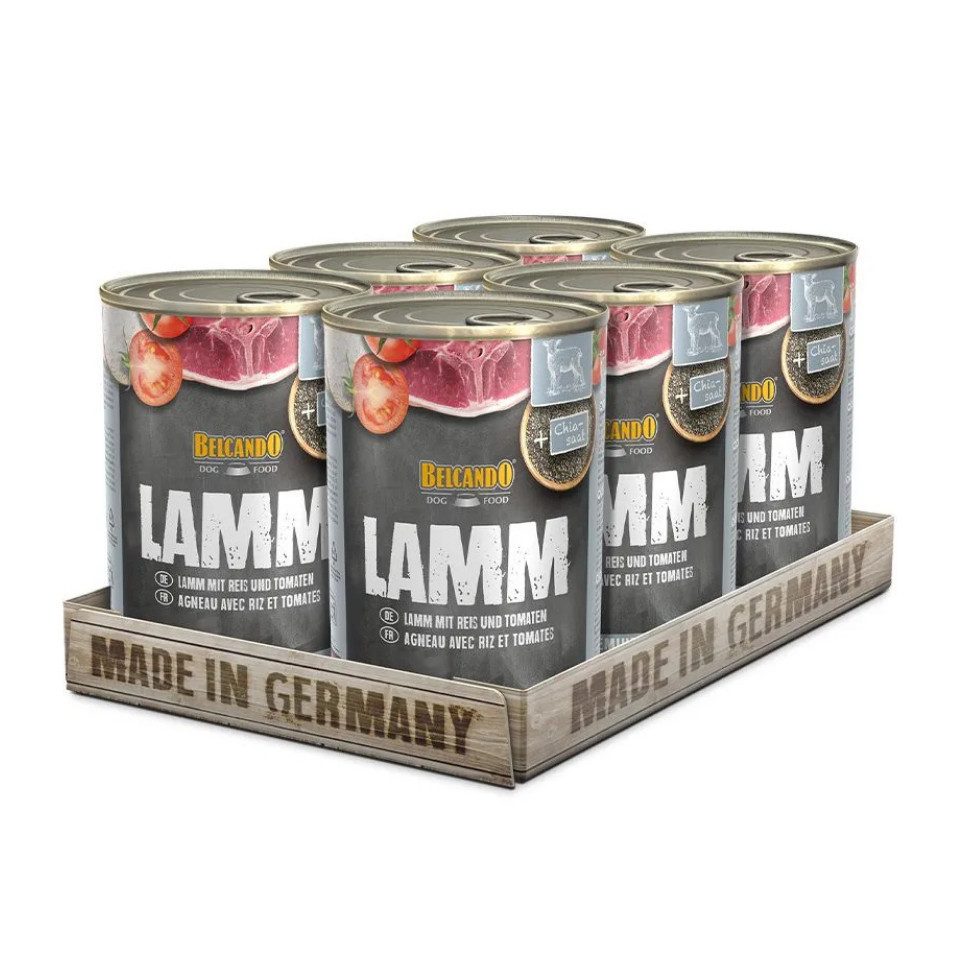 Belcando Lamm mit Reis und Tomaten - Nassfutter mit Distelöl für Haut & Fell 6x400g, Nassfutter für: Hunde