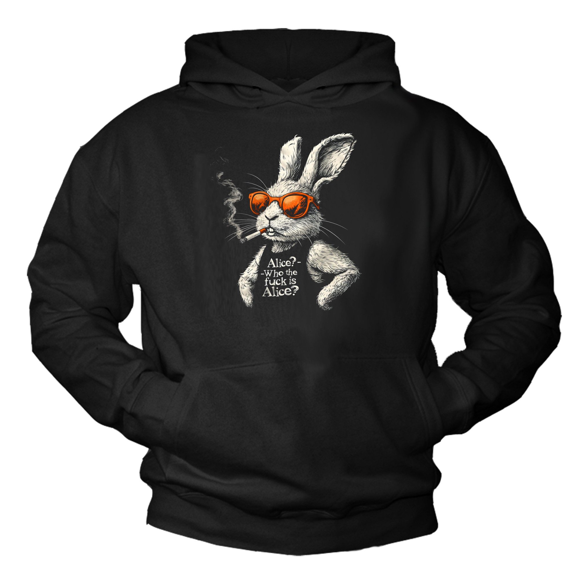 MAKAYA Kapuzenpullover Lustiger Hoodie mit Hase und Aufdruck „Who is Alice“ – Männer Pullover (Schwarz, S, M, L, XL, XXL, XXXL, XXXXL) Baumwolle