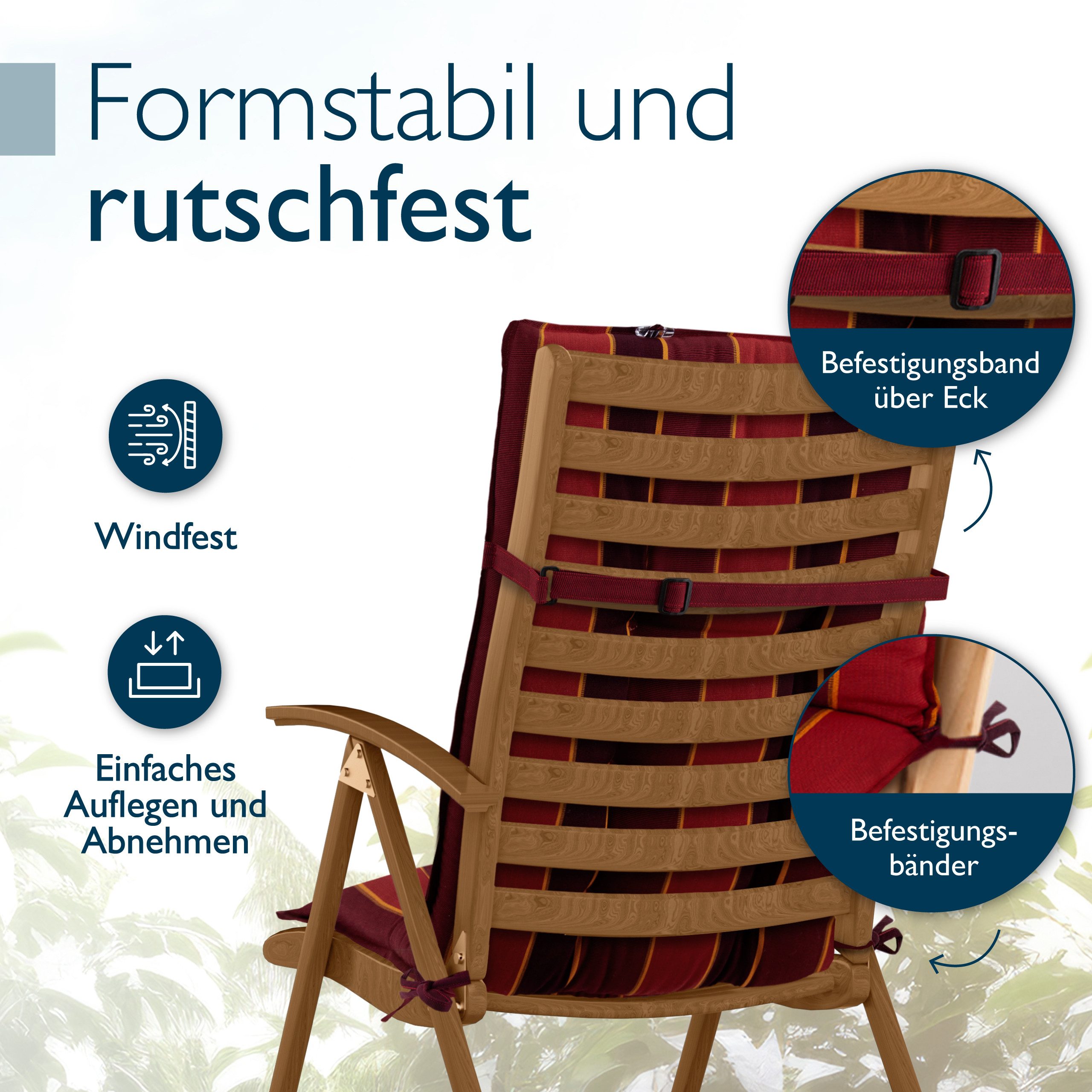 Beautissu Hochlehnerauflage 2er Set Sun-HL Hochlehner Auflage 120x50x8cm Rot-Anthrazit-Gestreift, Mit Kopfpolster, rutschfest & robust – Befestigungsbänder, UV  – Bild 2 von 5