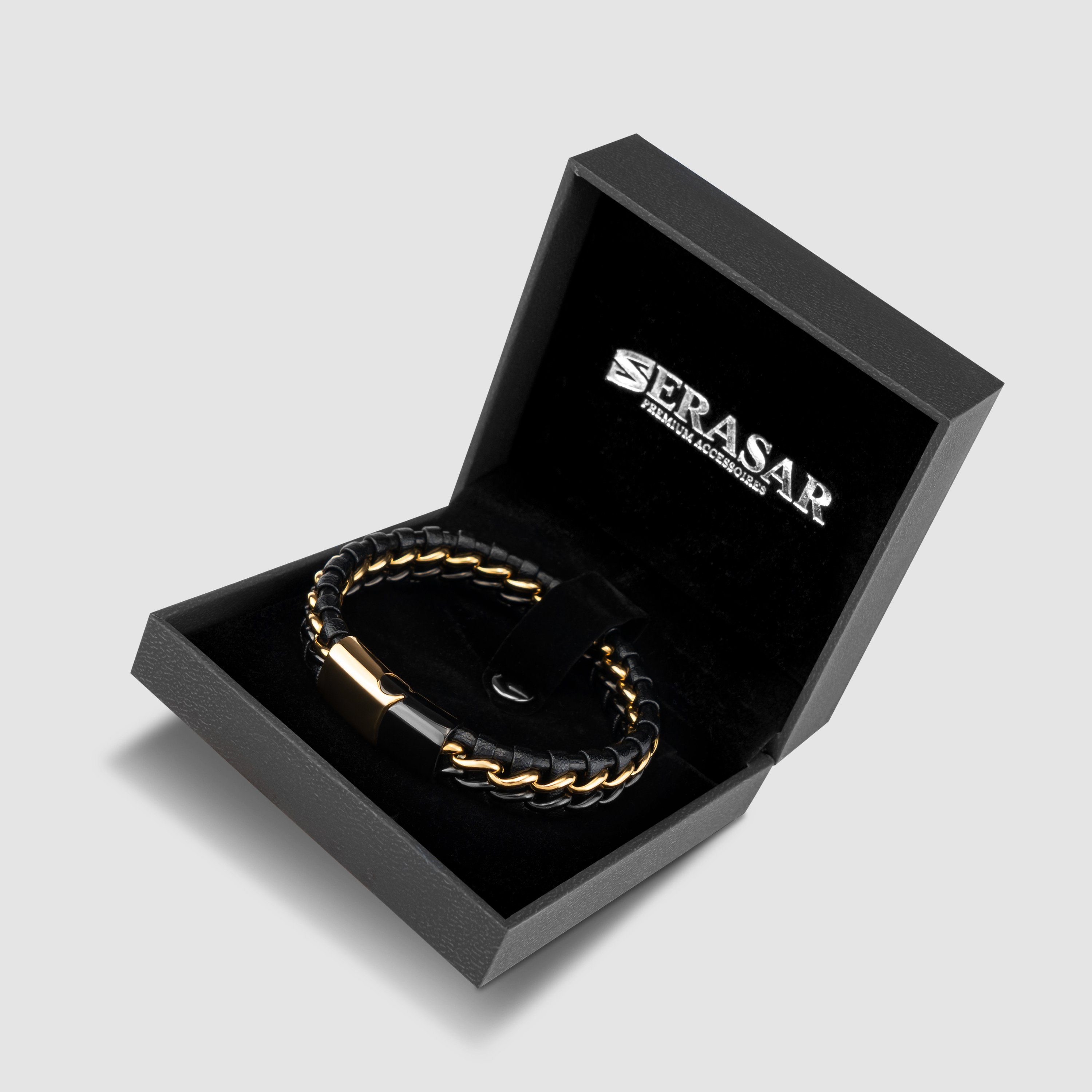 verstellbar casual, "Steel" Echtleder, Leder durch 1-tlg), (Klassisch, aus elegant, Länge Herrenarmband Glied SERASAR Schwarz/Gold Lederarmband extra