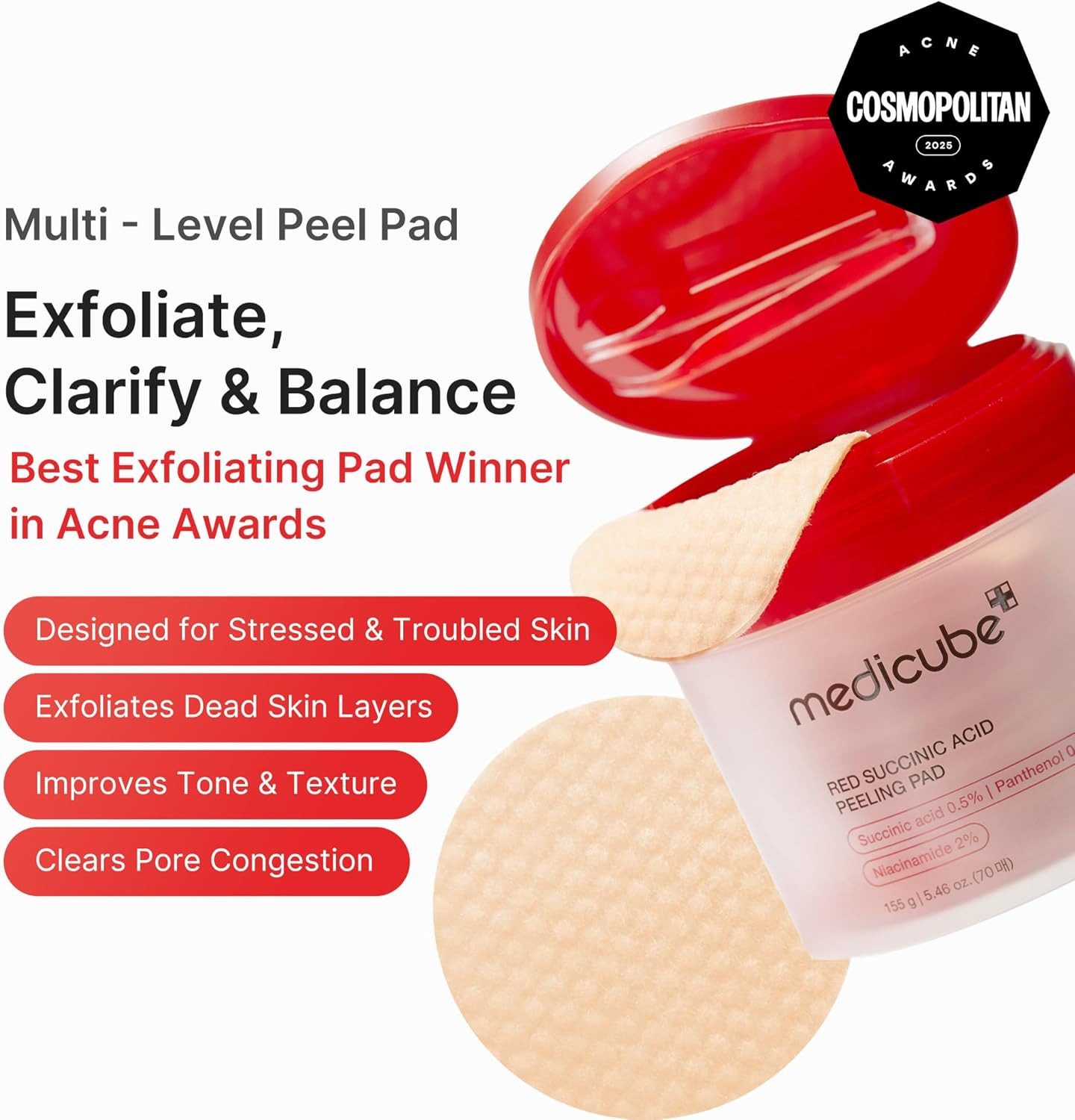 Medicube Gesichtspeeling Peeling-Pads mit Bernsteinsäure & Panthenol – 70 Stück, Für unreine Haut geeignet Porenverfeinernd