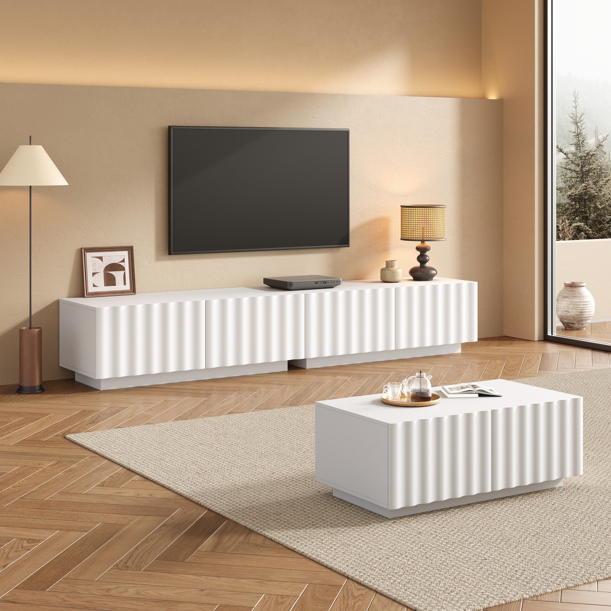 Merax Wohnzimmer-Set mit Wellenoptik, (1-St), TV-Schrank & Couchtisch mit Stauraum, modernes Möbelset für Wohnzimmer