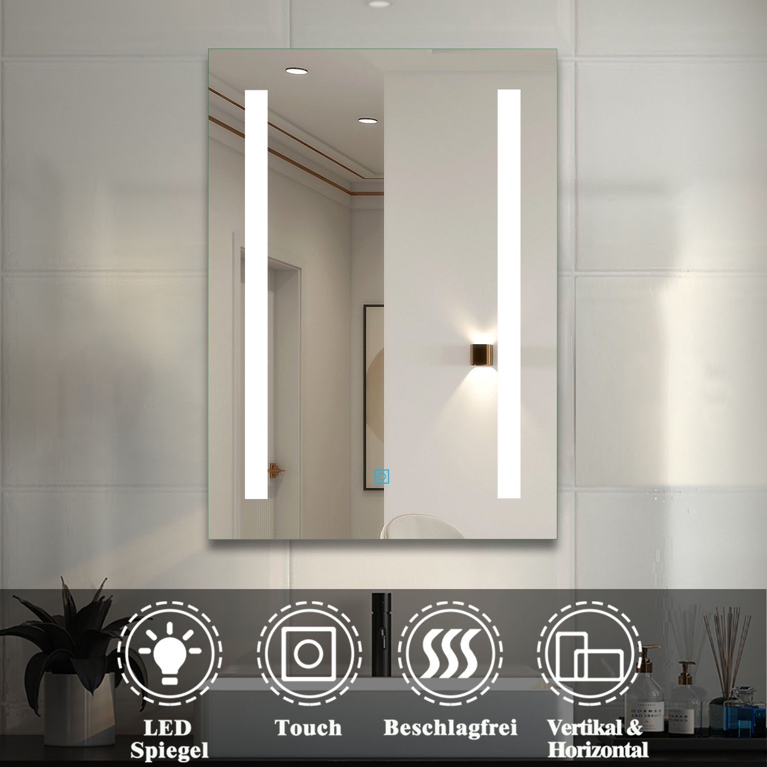 Kaltweiß mit LED Beleuchtung Badspiegel Beschlagfrei 45-80 Touch-Schalter cm, duschspa