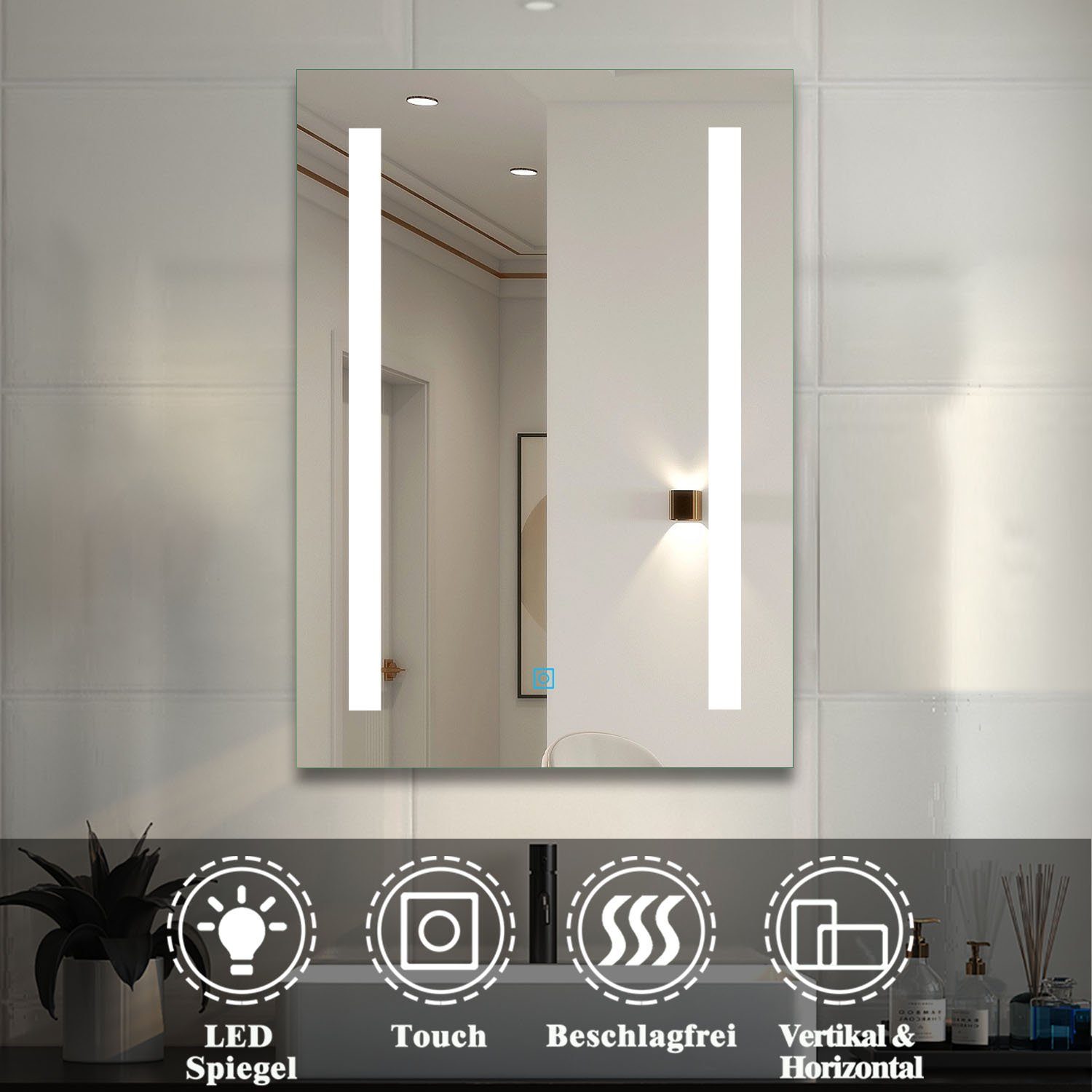 LED mit cm, Badspiegel Beschlagfrei Beleuchtung 45-80 duschspa Touch-Schalter Kaltweiß
