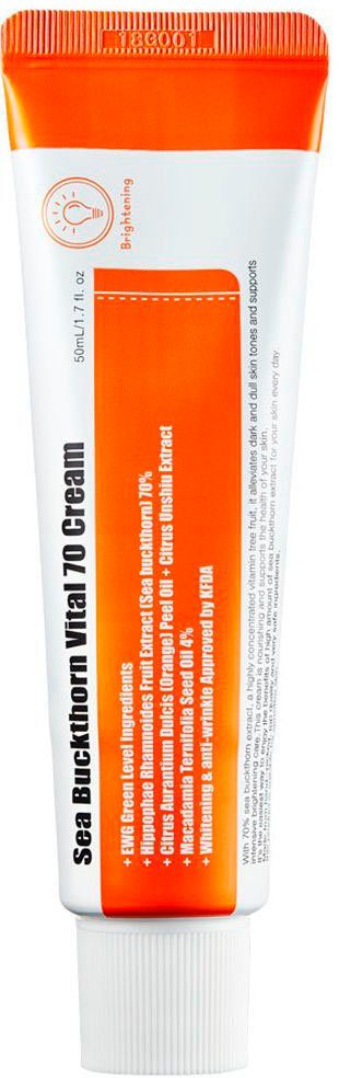 Purito Gesichtspflege SEA BUCKTHORN VITAL 70 CREAM, beruhigt und schützt müde Haut, reich an Vitamin E, B, K und C.