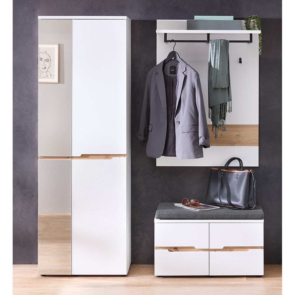 Lomadox Garderoben-Set MANRESA-36-WHITE, (Spar-Set, 3-St., Garderobenschrank Garderobenpaneel Schuhbank), in weiß mit Eiche, grifflos, mit Garderobenbank inkl. Sitzpolster