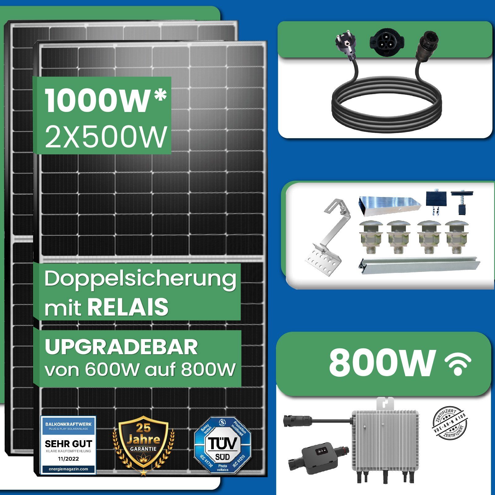 EPP.Solar Solaranlage 1000W Balkonkraftwerk Neu Relais Wechselrichter Deye Ziegeldach, PV-Montage Komplettset mit Generation 800W Mit WIFI