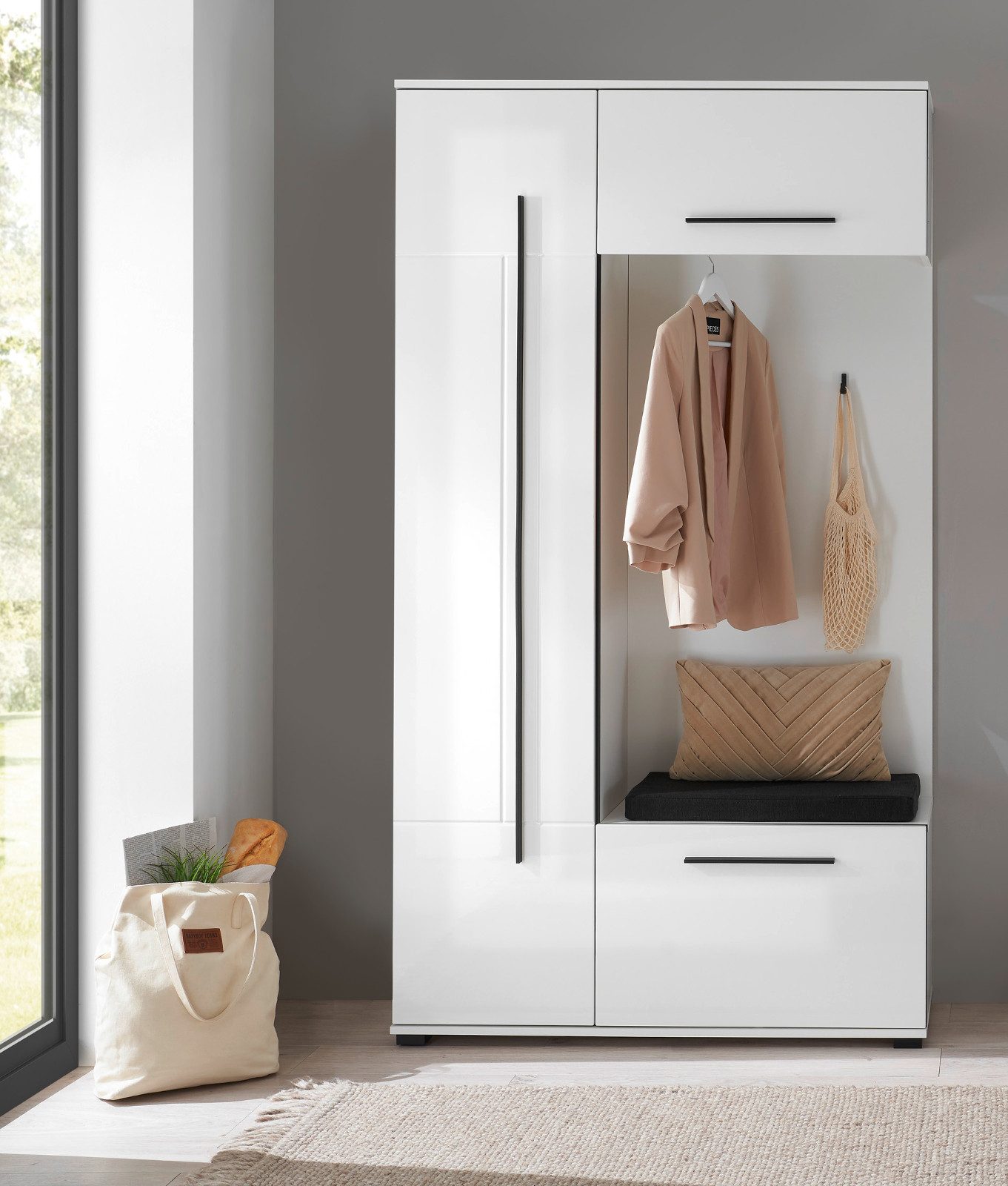 Furn.Design Kompaktgarderobe Design-D (Komplett Set Garderobe in Weiß Hochglanz, 111 x 200 cm) viel Stauraum auf wenig Fläche, mit Soft-Close