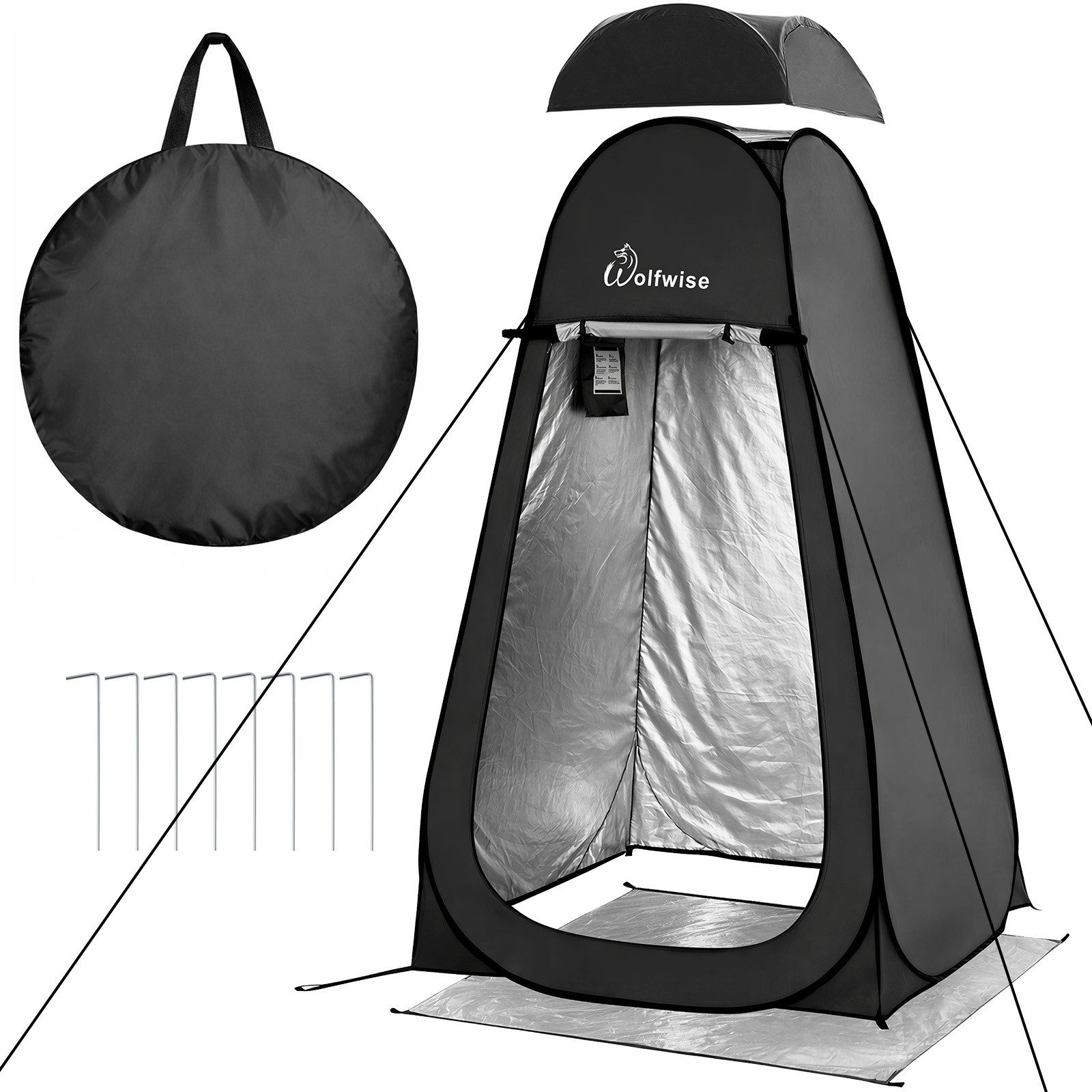 Wolfwise Faltzelt Pop-Up Duschzelt Camping & Umkleidezelt mit Boden – Silberbeschichtet, Personen: 1 (Set, 1 x Zelt, 1 x Tragetasche, 4 x Metallpfähle), Tragbar, Wasserdicht
