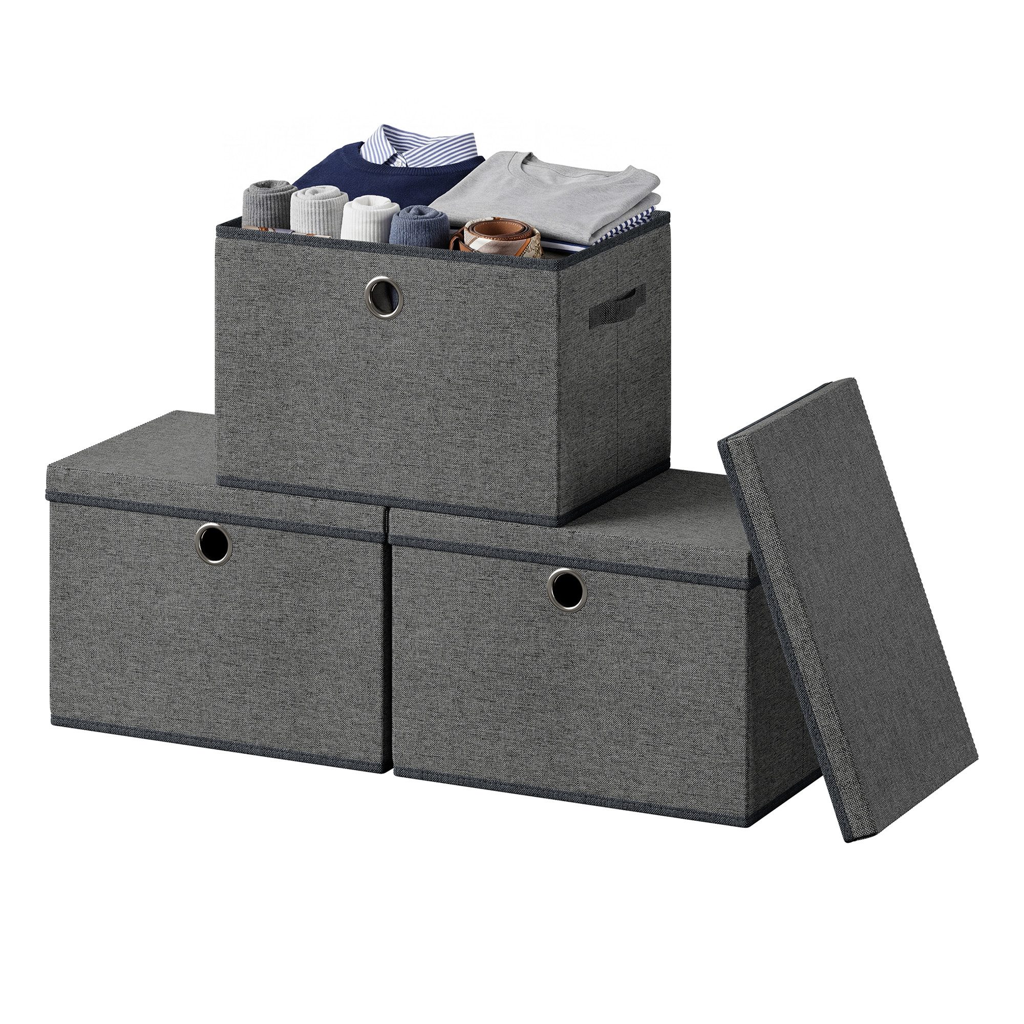 SONGMICS Aufbewahrungsbox 3er-Set, Ordnungsboxen, stapelbar mit Griffen, 43 x 30 x 30 cm, Stoffboxen mit Deckel, PP-Platten, geruchsneutral, faltbar