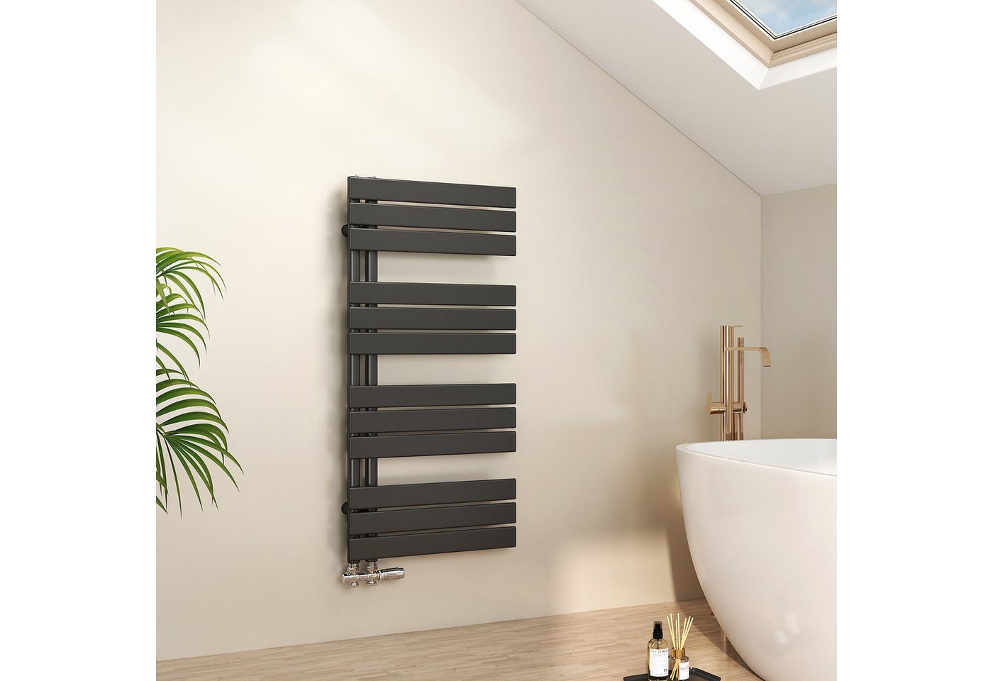 EMKE Paneelheizkörper Schwarz Flach Badheizkörper Design Handtuchtrockner, 104.1x50cm 529W Bad Warmwasser ohne Multiblock Seitenanschluss