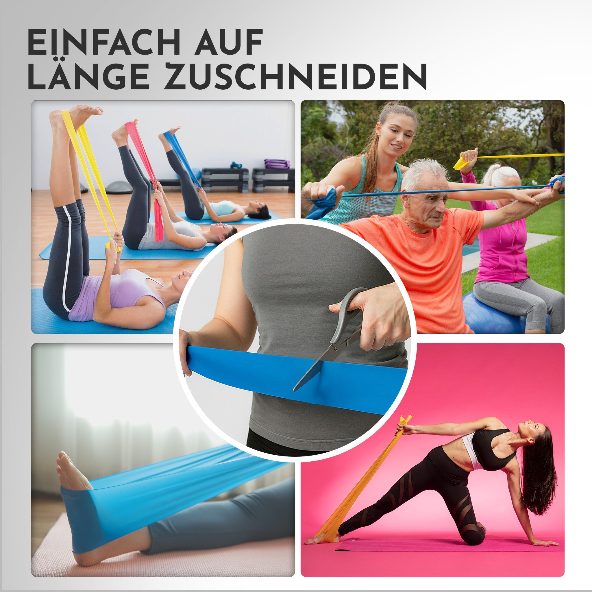 NEOLYMP Physiobänder Widerstandsbänder auf Rolle – Zuschneidbare Fitnessbänder aus TPE, Elastische Resistance Bands in 5 Stärken & 3 Längen – 15 cm breit