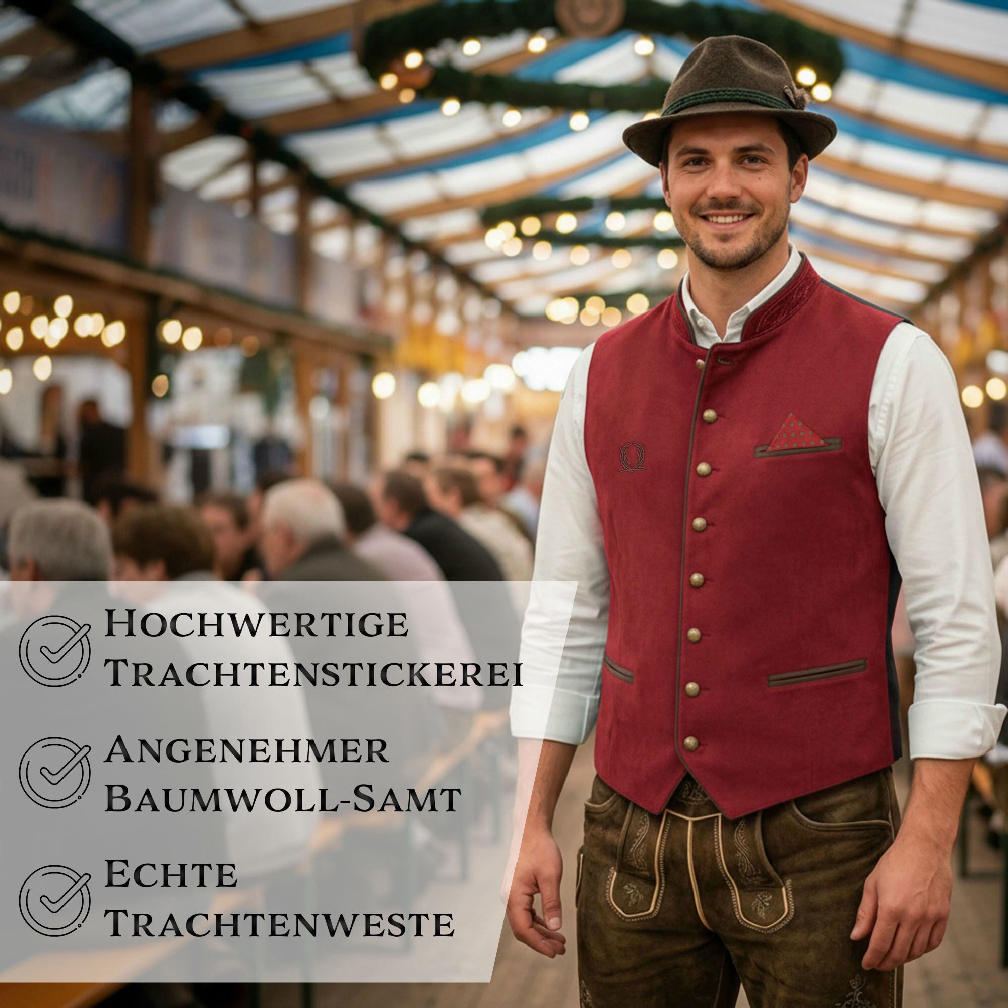 Steigenhöfer Manufaktur Trachtenweste Herren in Samtoptik - Verstellbarer Rückenriegel - Tiefe Taschen Traditionelle Kugelknöpfe - Einstecktuch - Für Oktoberfest Outfit