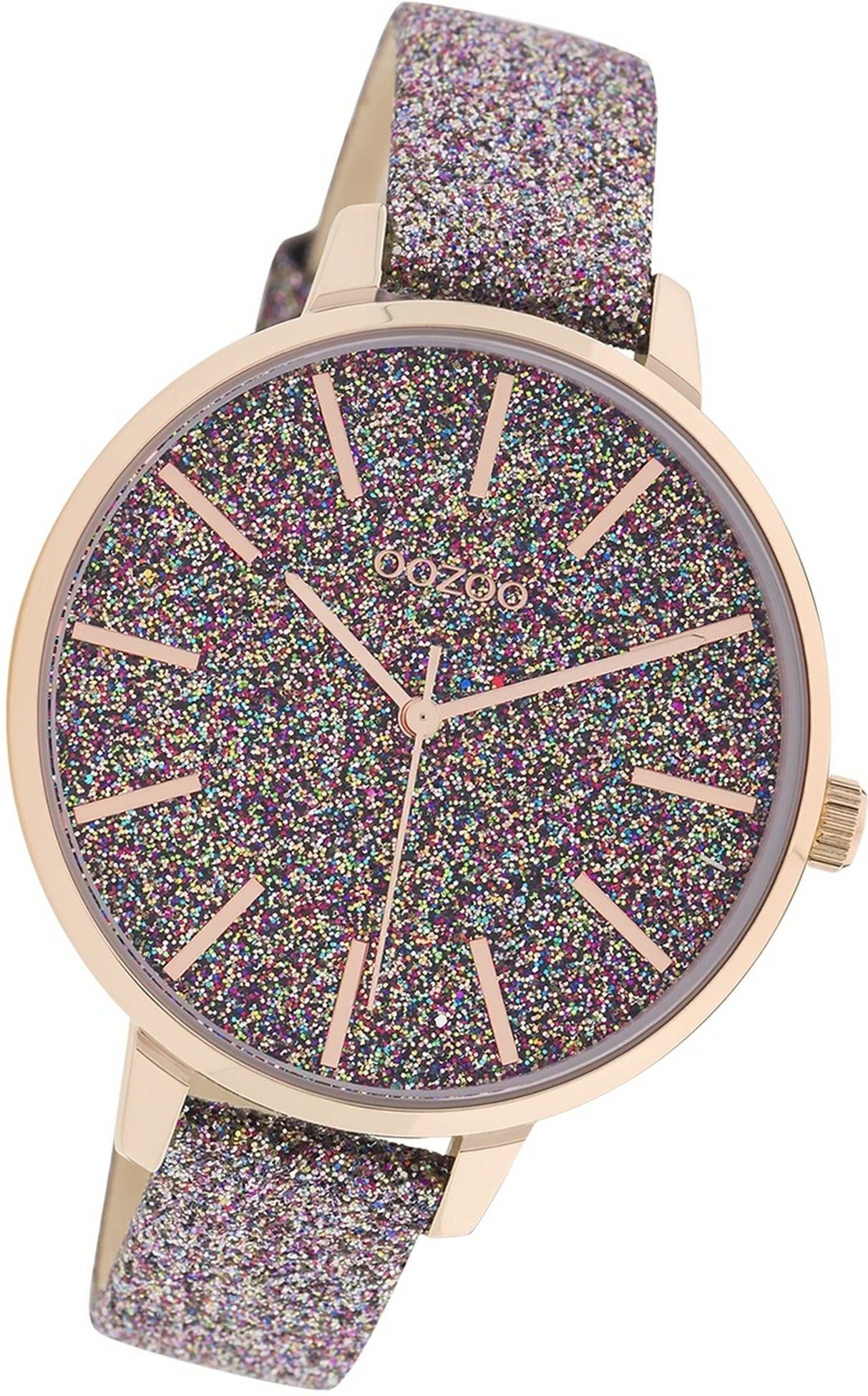 OOZOO Quarzuhr Oozoo Damen Armbanduhr Timepieces, Damenuhr Lederarmband mehrfarbig, rundes Gehäuse, groß (ca. 42mm)