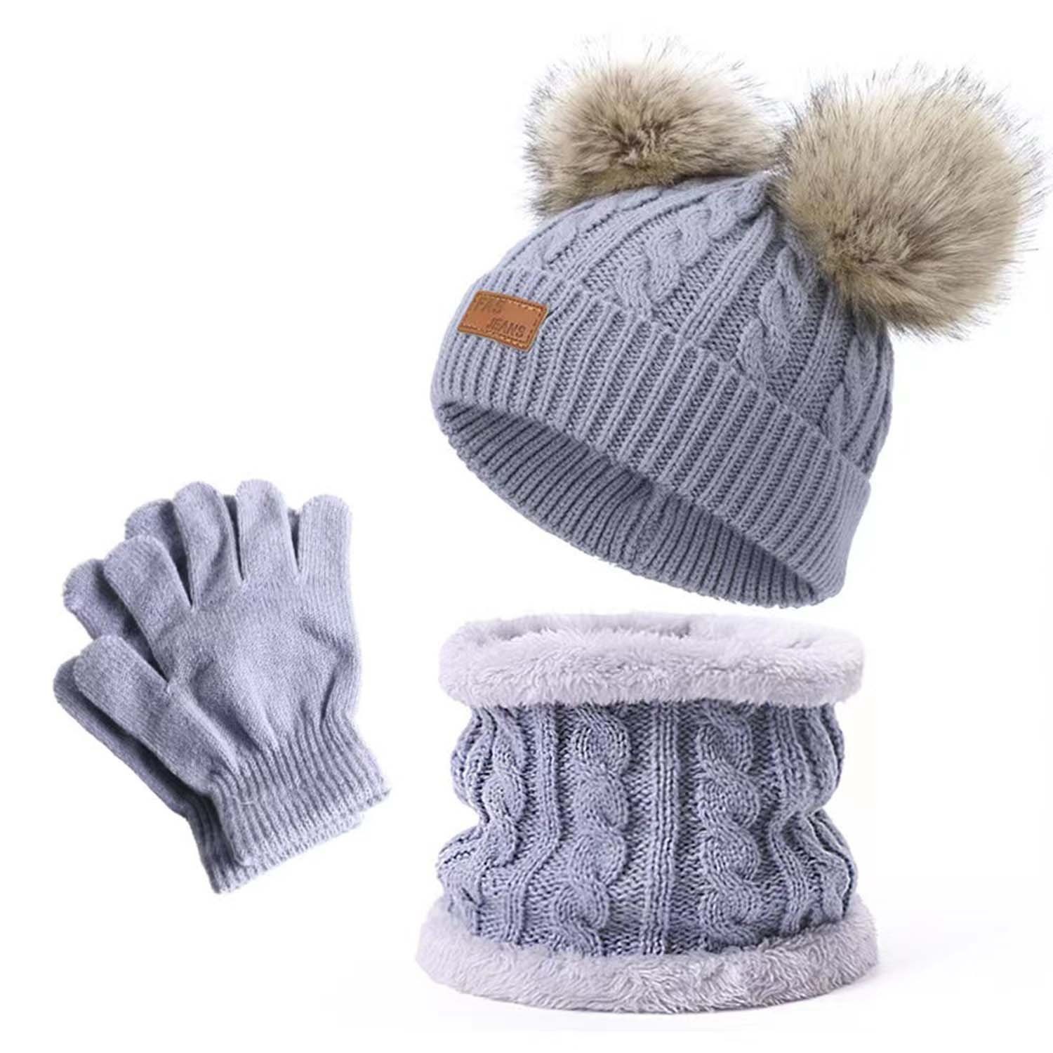 Daisred Schlupfmütze Kinder Winter warme Strickmütze, Halstuch, Handschuhe-Set Grau