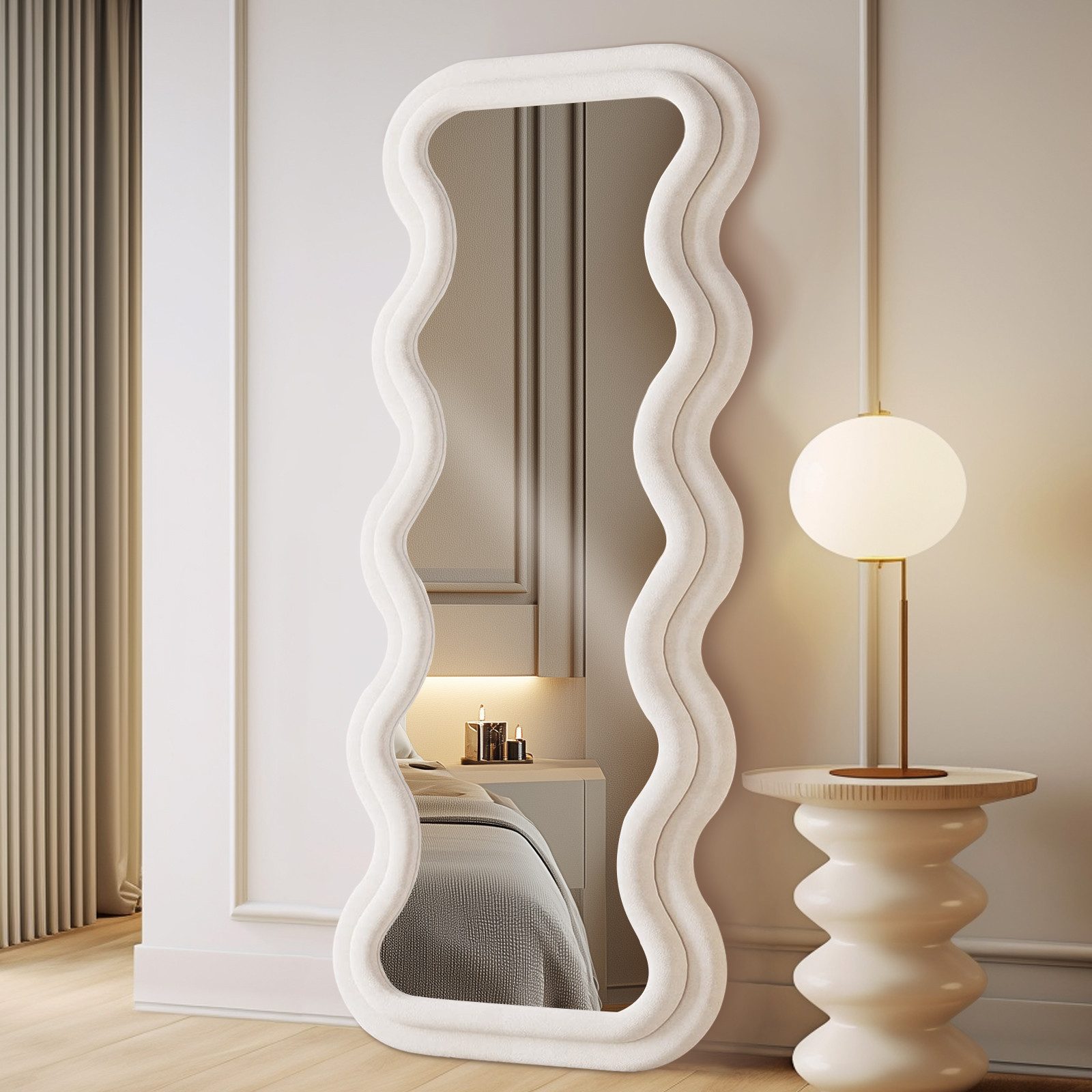 LUNAMIRROR Ganzkörperspiegel Unregelmäßig gewellter Ganzkörperspiegel, wandmontierter Standspiegel (1-St), für Schlafzimmer und Flur, 160×60cm, weiß – Bild 3 von 5