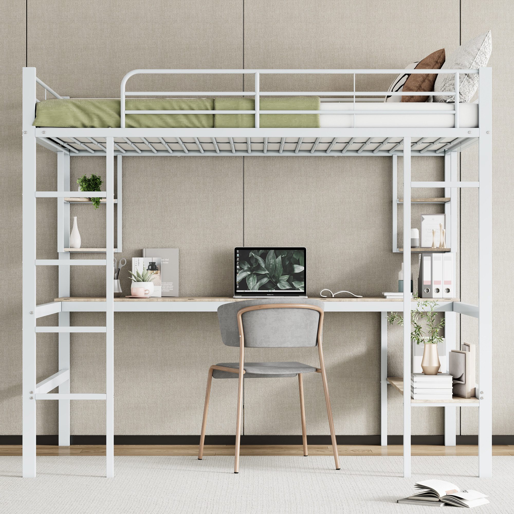MODFU Hochbett Metallbett mit Geländer (Jugendbett, Stockbett, mit Schreibtisch & Regal, 140x200cm) ohne Matratze