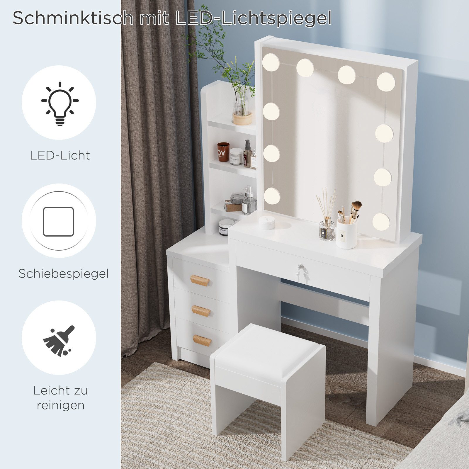 oyajia Schminktisch Frisierkommode mit Hocker, Frisiertisch Spiegel mit LED günstig online kaufen