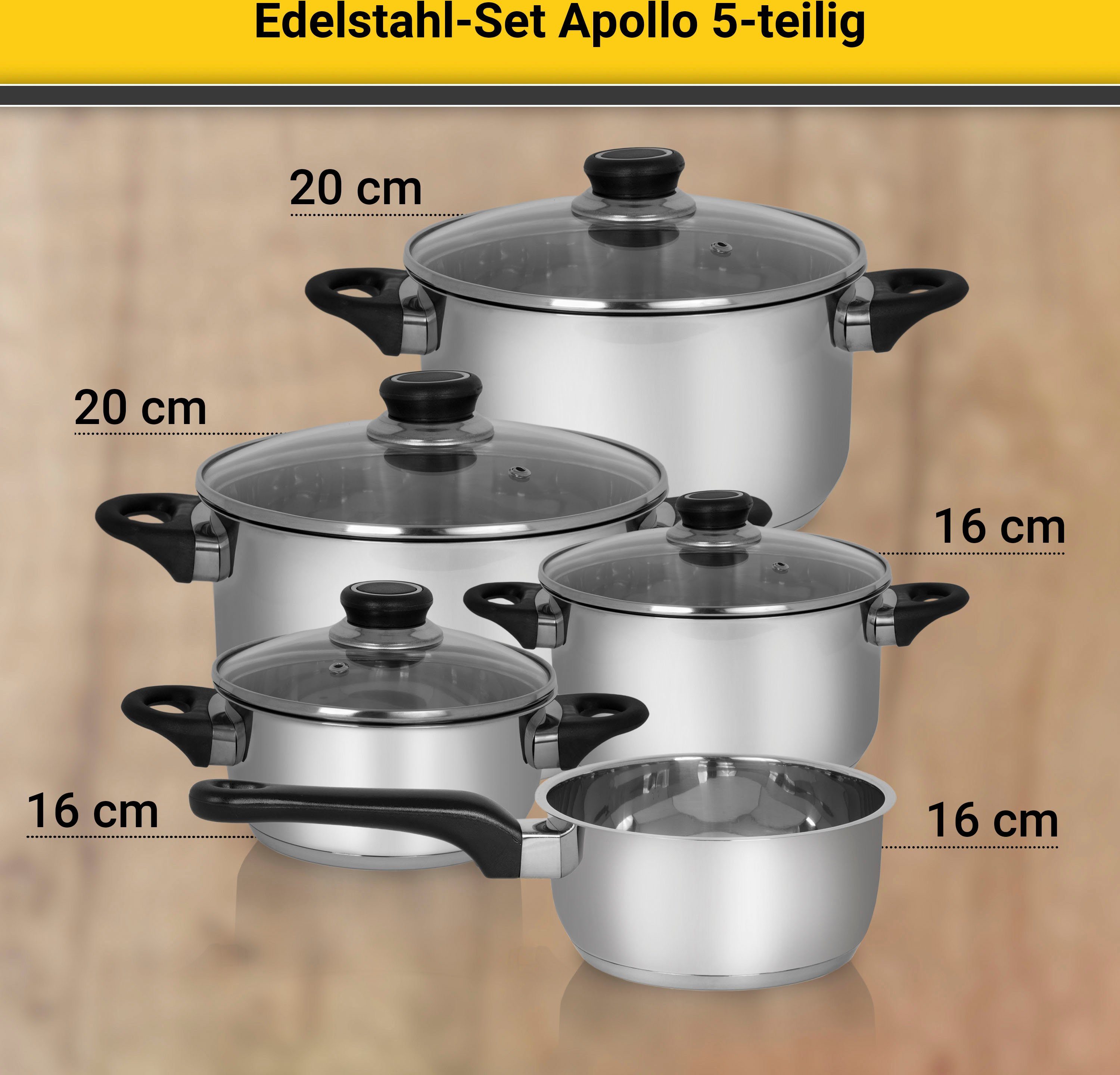 Krüger Topf-Set Apollo, Edelstahl (Set, 9-tlg., 1 Bratentopf Ø 16/20 cm, 1 Fleischtopf Ø 16/20 cm, 1 Stieltopf Ø 16 cm), für Induktions-Kochfelder geeignet